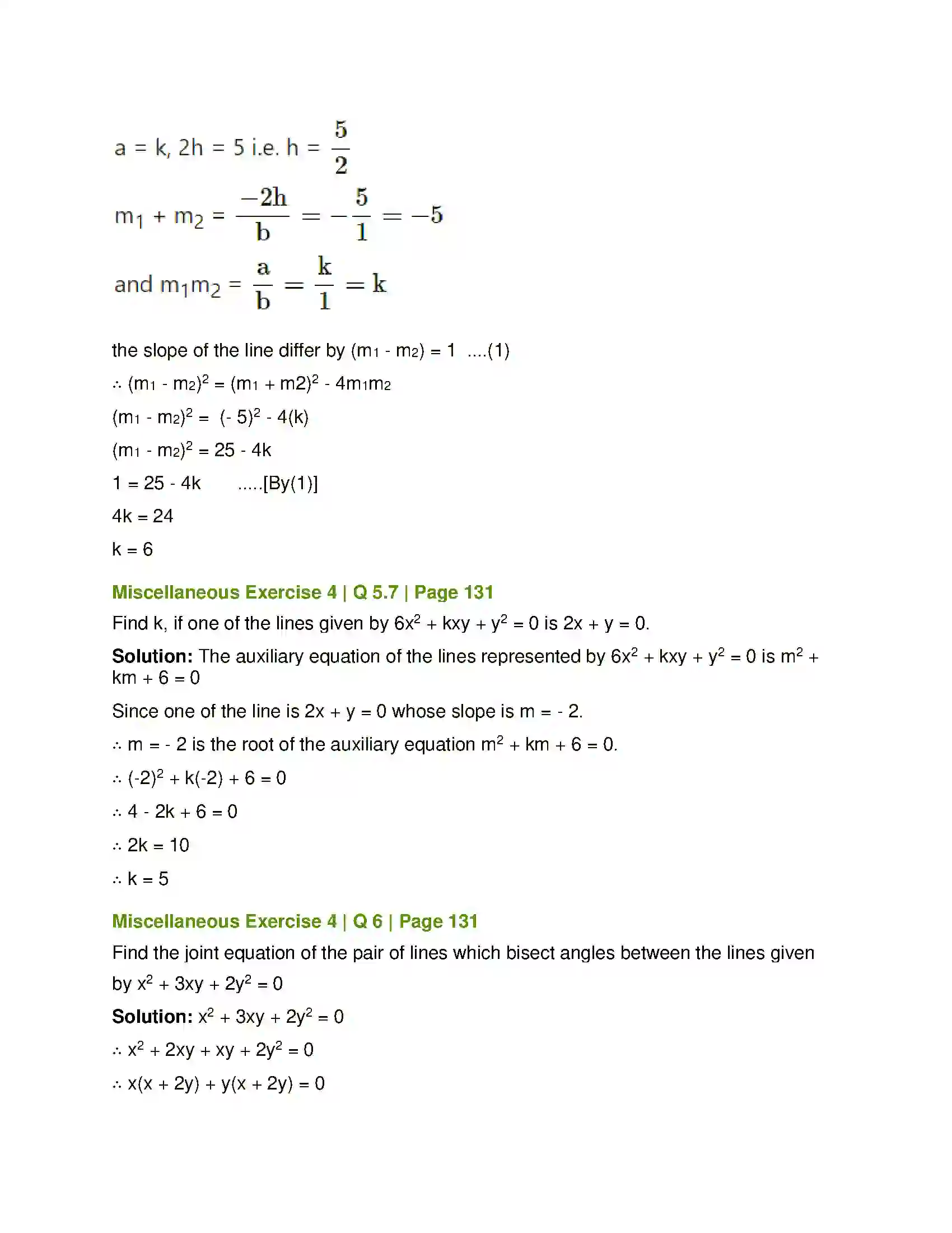 Maharashtra Board Class 12th Mathematics & Statistics-1 (Arts & Science) Pair of Straight Lines Solution 61