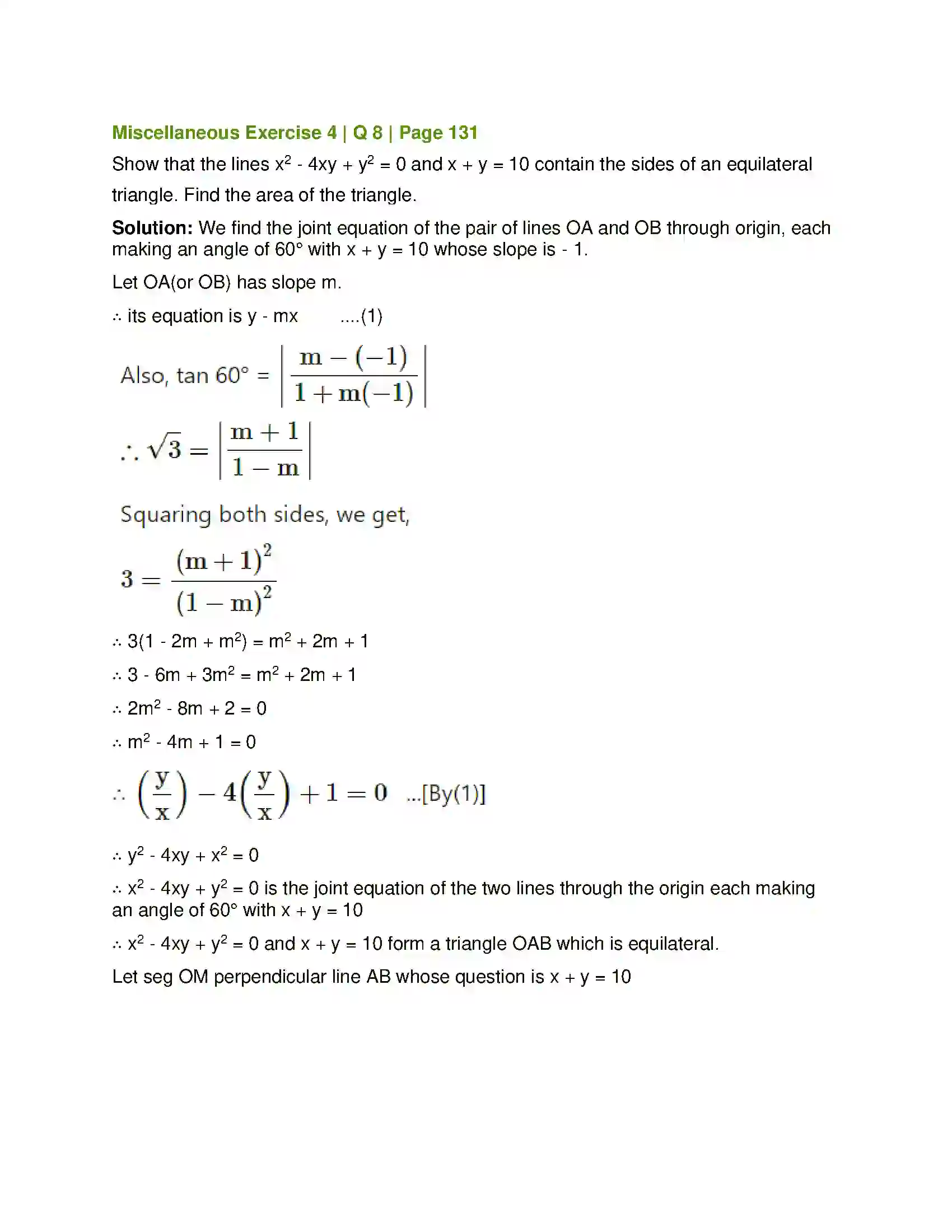 Maharashtra Board Class 12th Mathematics & Statistics-1 (Arts & Science) Pair of Straight Lines Solution 64