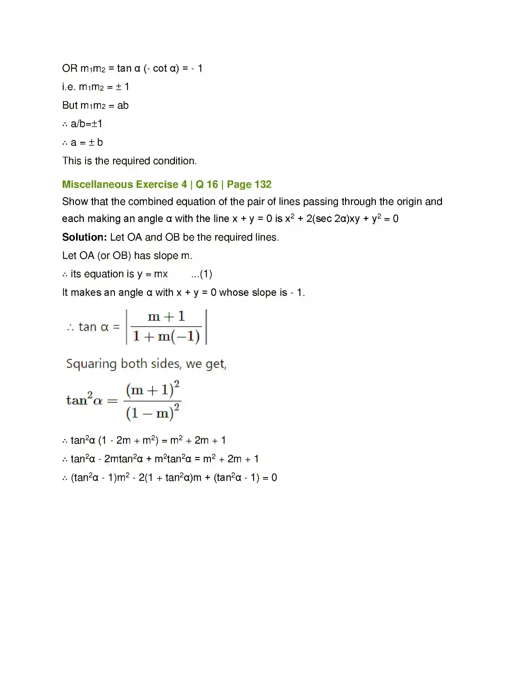 Maharashtra Board Class 12th Mathematics & Statistics-1 (Arts & Science) Pair of Straight Lines Solution 74
