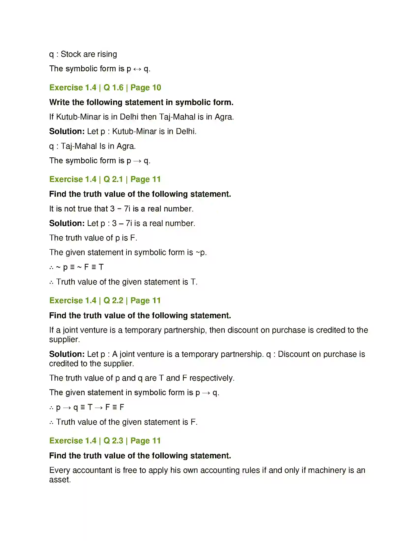 Maharashtra Board Class 12th Mathematics & Statistics-1 (Commerce) Mathematical Logic Solution 10