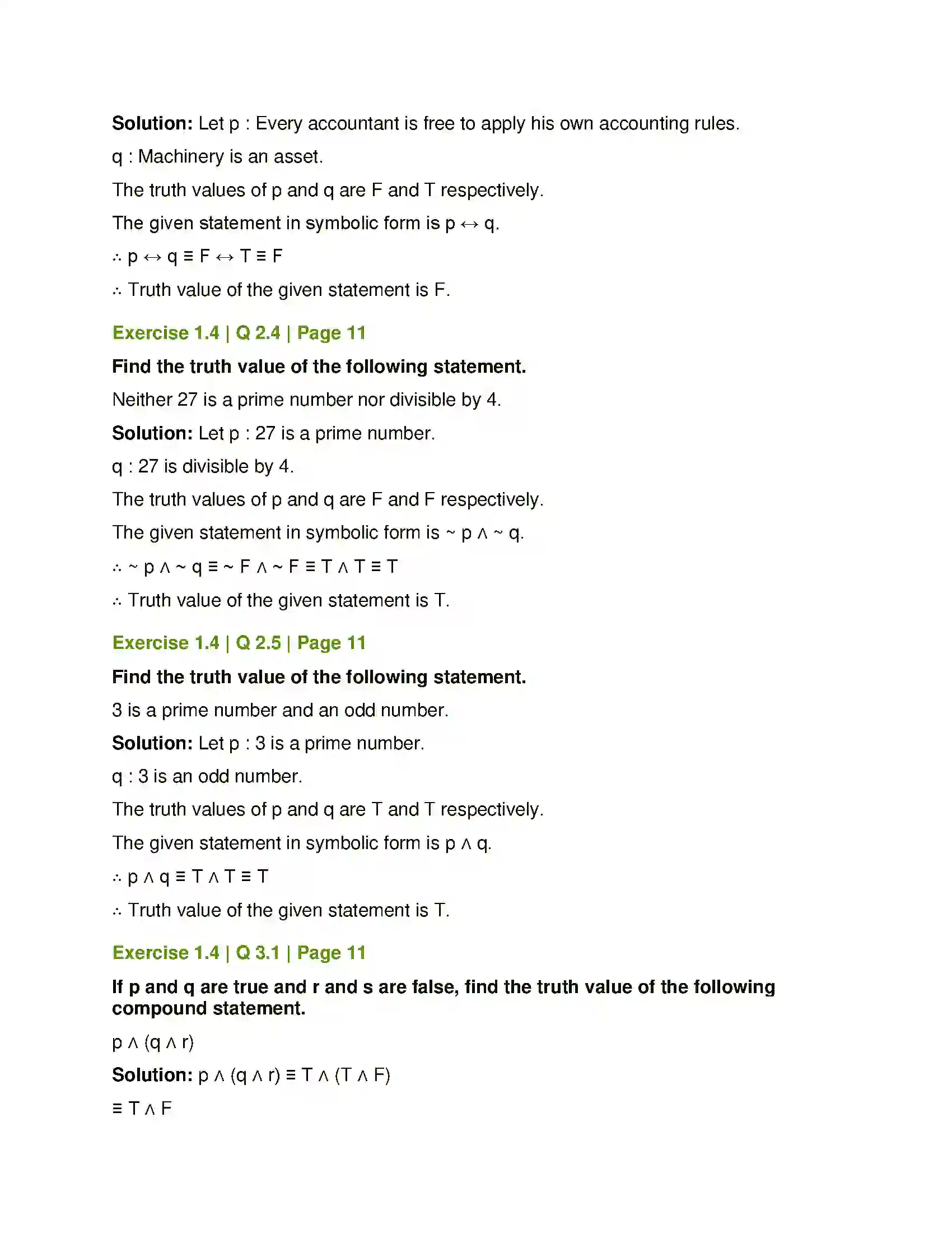 Maharashtra Board Class 12th Mathematics & Statistics-1 (Commerce) Mathematical Logic Solution 11