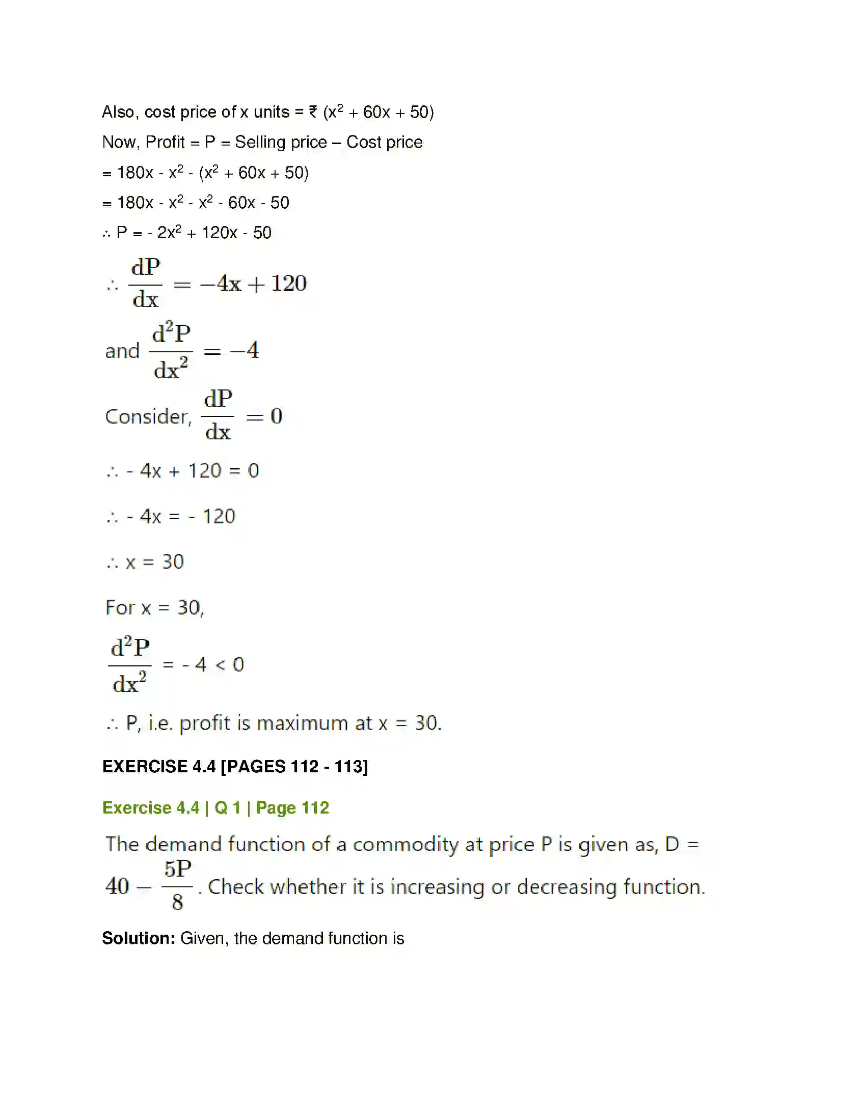 Maharashtra Board Class 12th Mathematics & Statistics-1 (Commerce) Applications of Derivatives Solution 18