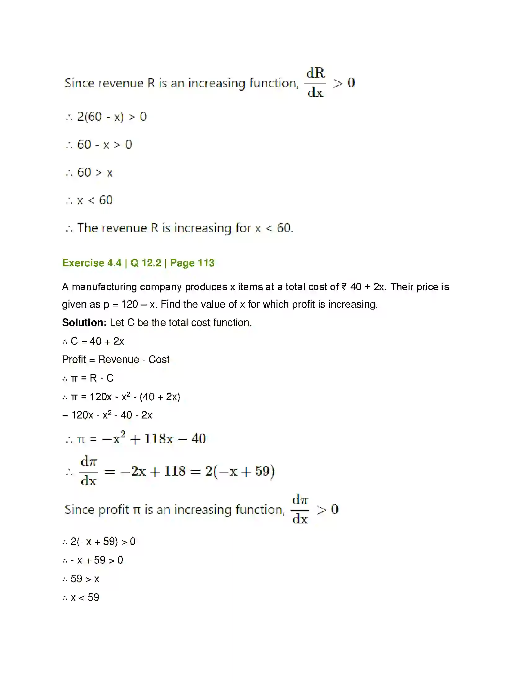 Maharashtra Board Class 12th Mathematics & Statistics-1 (Commerce) Applications of Derivatives Solution 34
