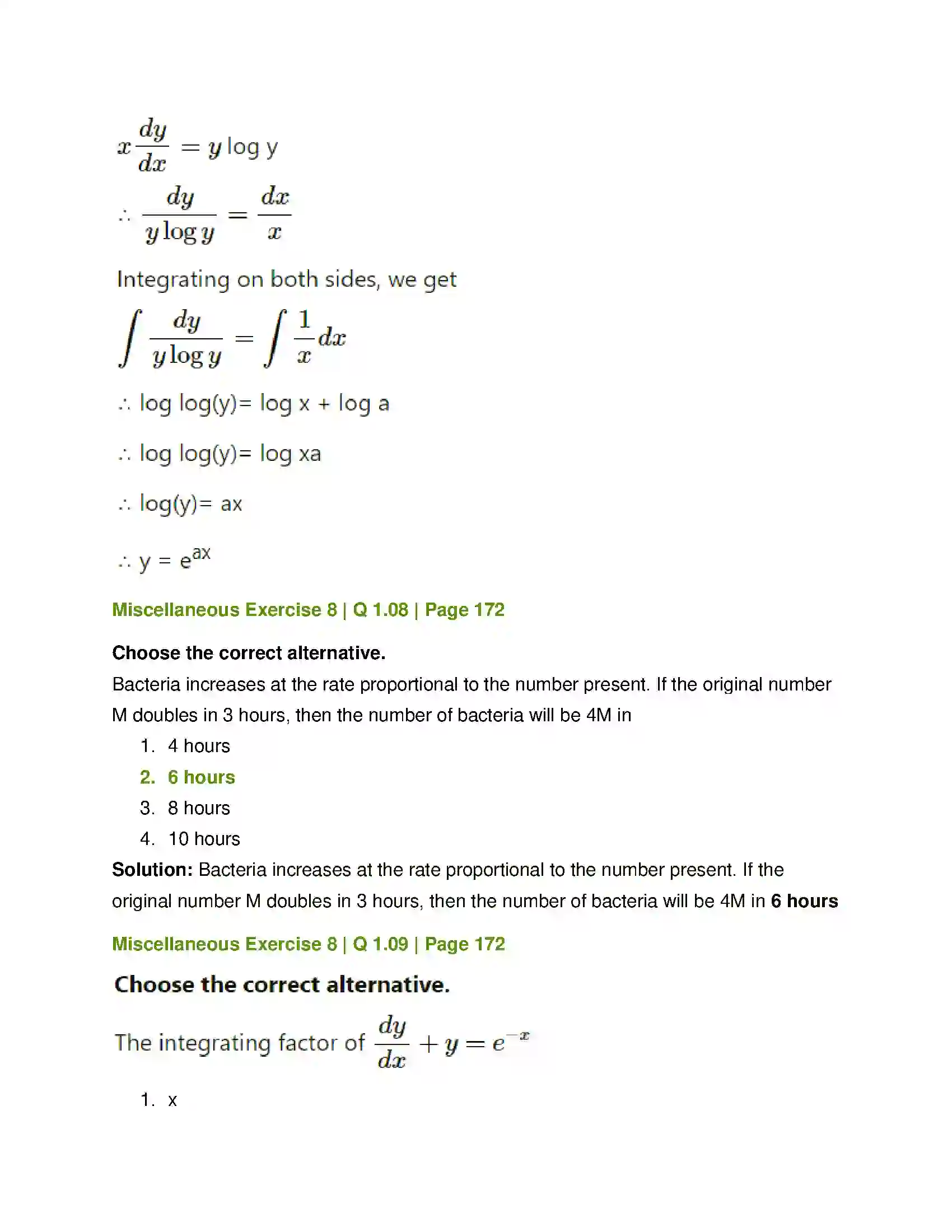 Maharashtra Board Class 12th Mathematics & Statistics-1 (Commerce) Differential Equation and Applications Solution 57