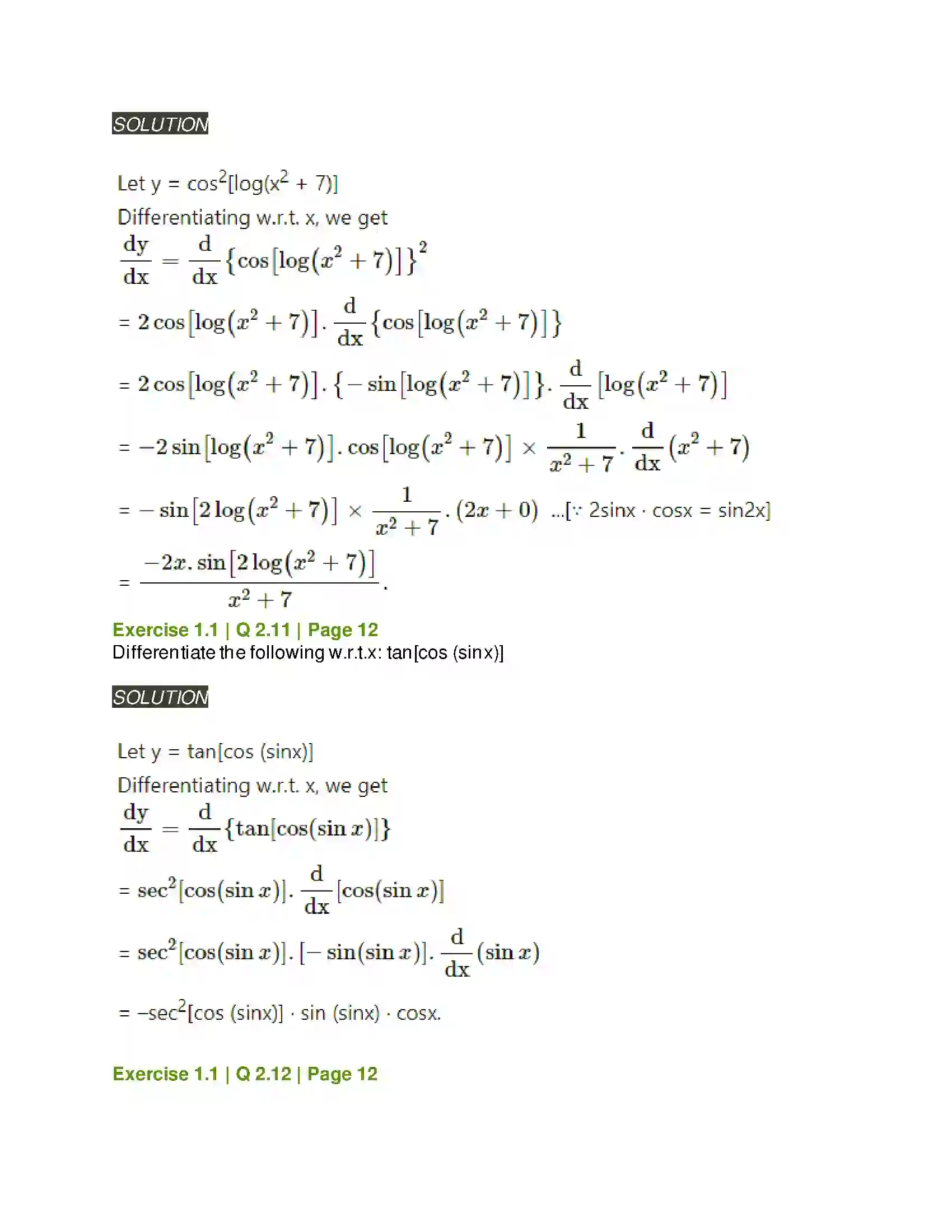 Maharashtra Board Class 12th Mathematics & Statistics-2 (Arts & Science) Differentiation Solution 12