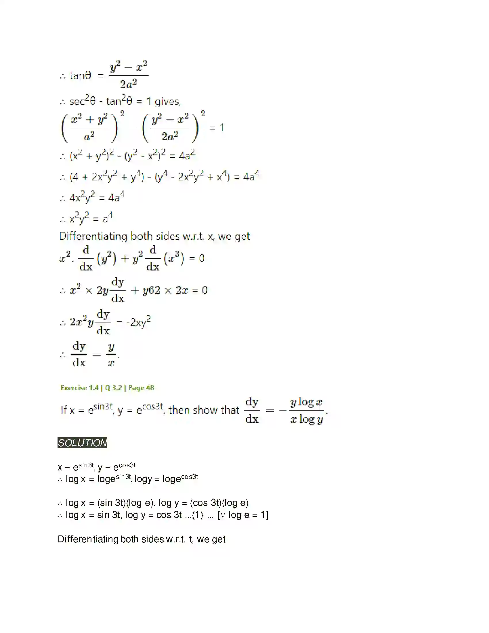 Maharashtra Board Class 12th Mathematics & Statistics-2 (Arts & Science) Differentiation Solution 174