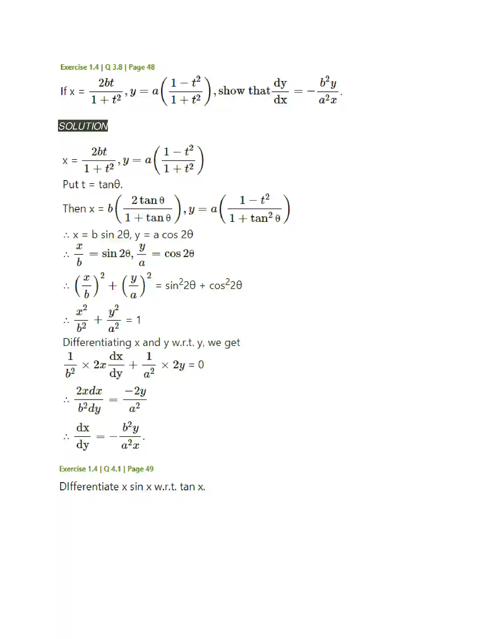 Maharashtra Board Class 12th Mathematics & Statistics-2 (Arts & Science) Differentiation Solution 182