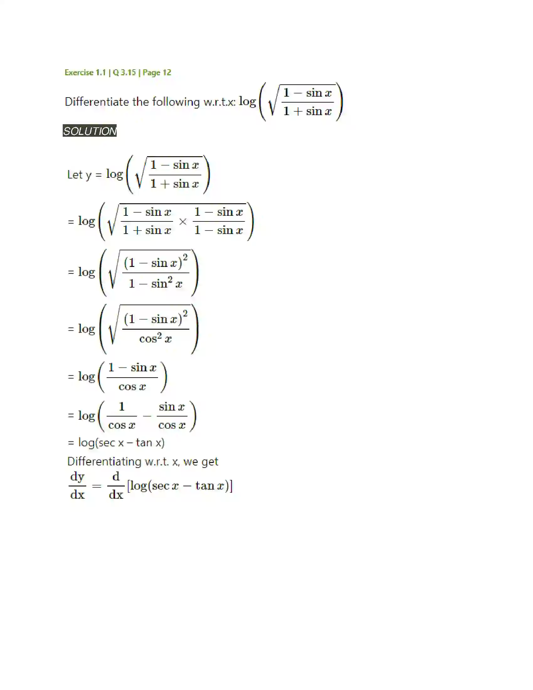 Maharashtra Board Class 12th Mathematics & Statistics-2 (Arts & Science) Differentiation Solution 31