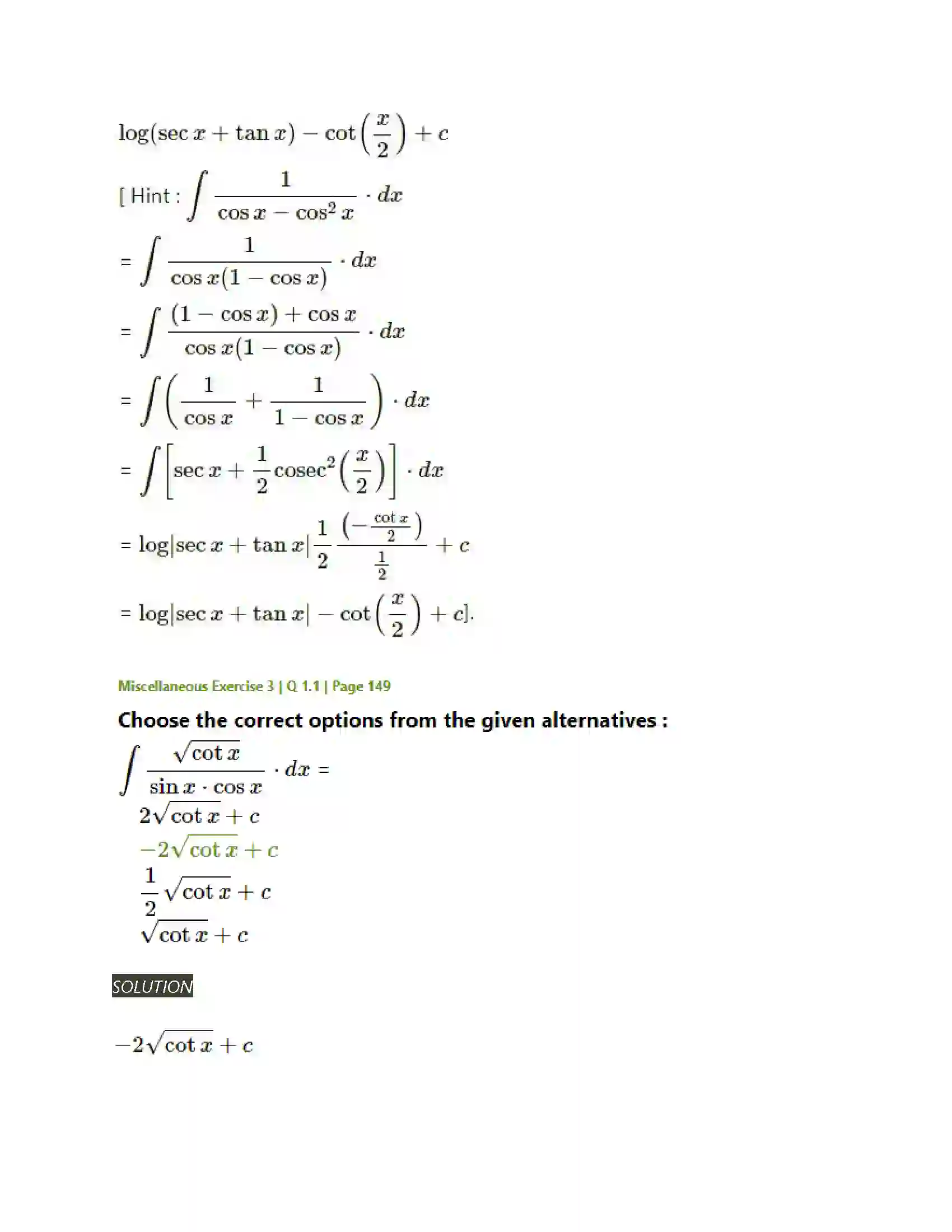 Maharashtra Board Class 12th Mathematics & Statistics-2 (Arts & Science) Indefinite Integration Solution 168