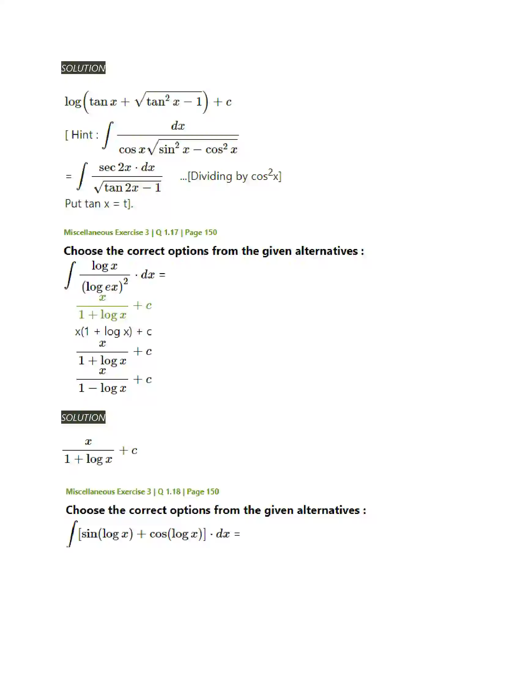 Maharashtra Board Class 12th Mathematics & Statistics-2 (Arts & Science) Indefinite Integration Solution 172