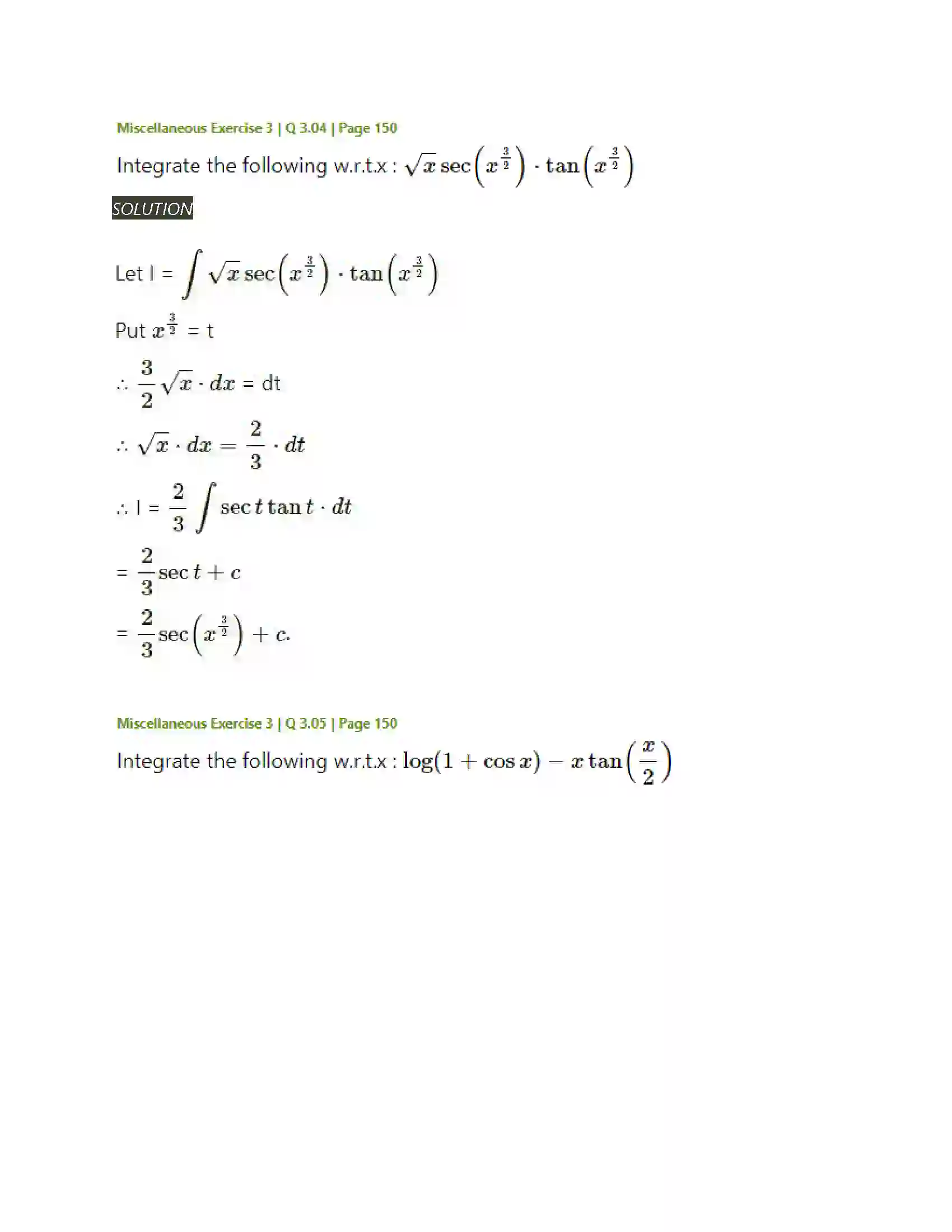 Maharashtra Board Class 12th Mathematics & Statistics-2 (Arts & Science) Indefinite Integration Solution 185