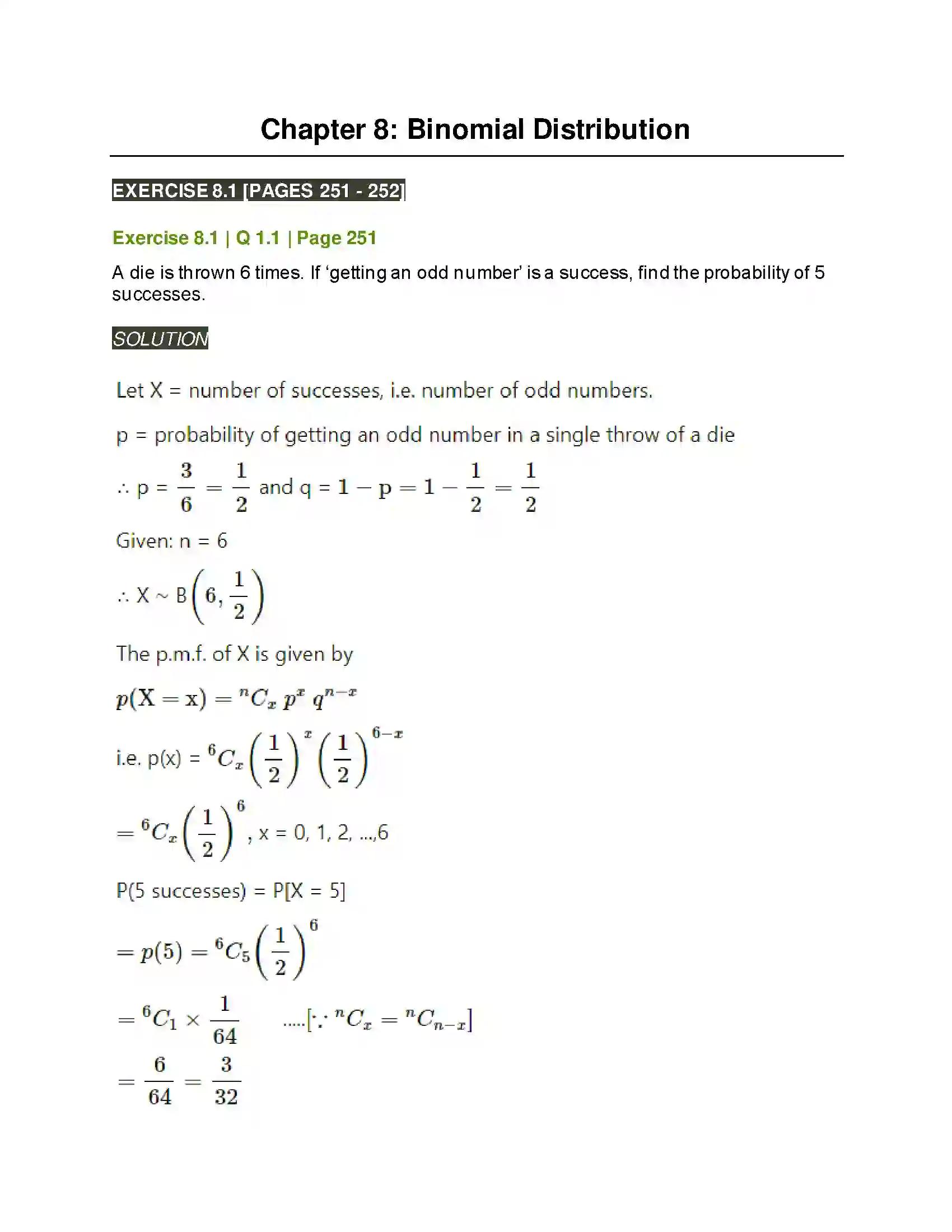 Maharashtra Board Class 12th Mathematics & Statistics-2 (Arts & Science) Binomial Distribution Solution 1