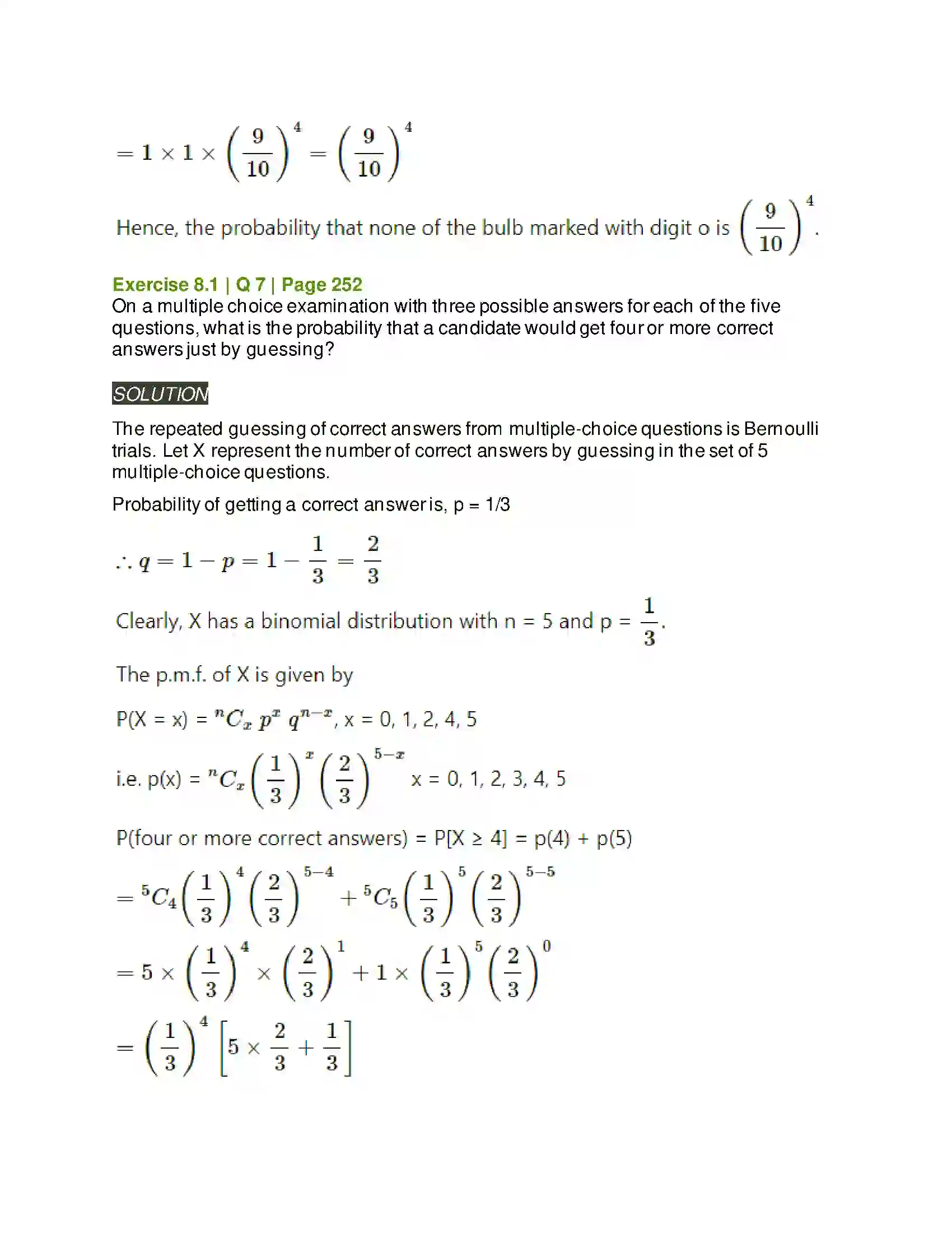 Maharashtra Board Class 12th Mathematics & Statistics-2 (Arts & Science) Binomial Distribution Solution 13