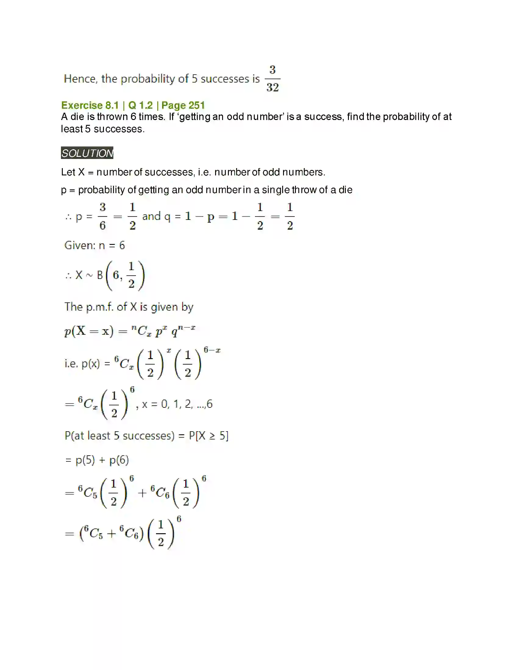 Maharashtra Board Class 12th Mathematics & Statistics-2 (Arts & Science) Binomial Distribution Solution 2