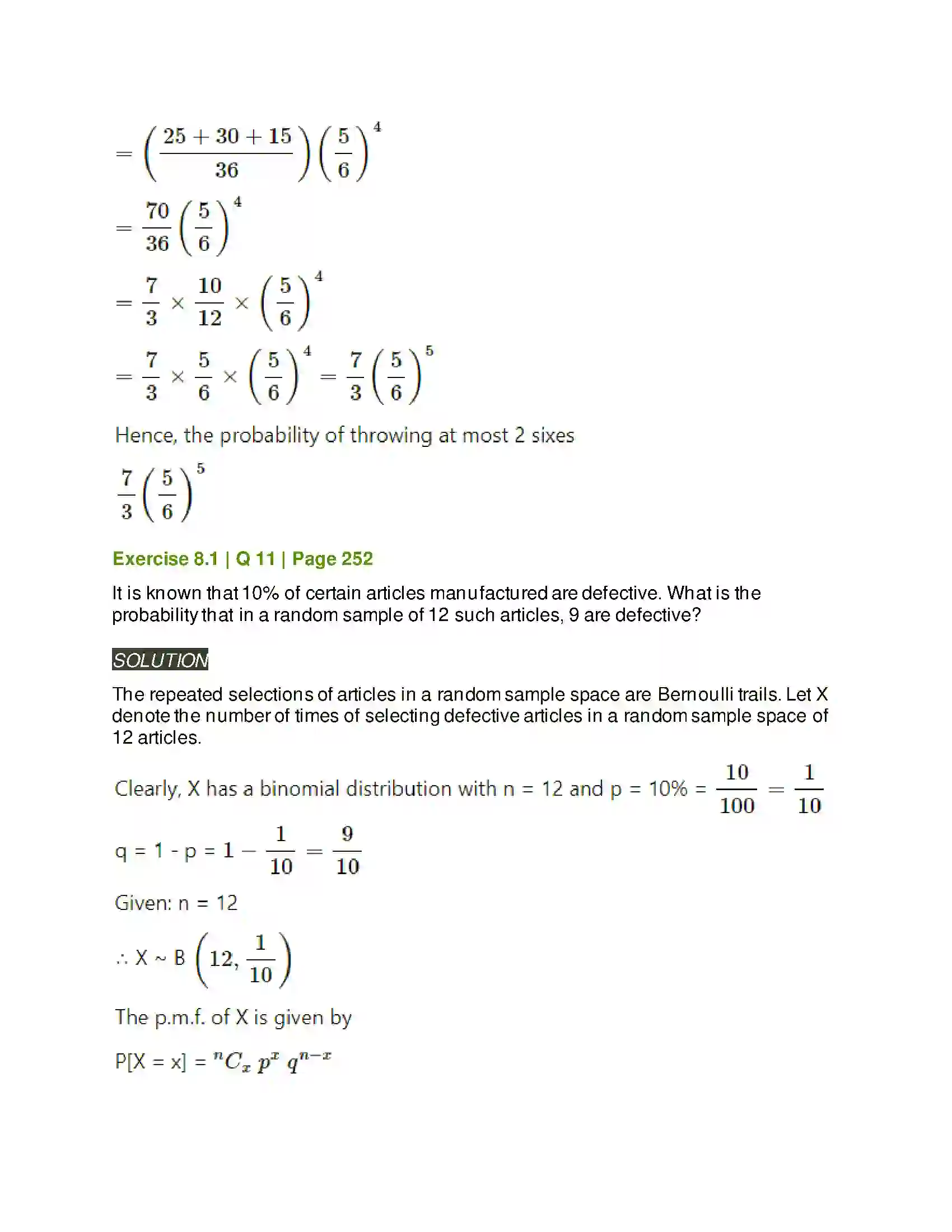 Maharashtra Board Class 12th Mathematics & Statistics-2 (Arts & Science) Binomial Distribution Solution 20
