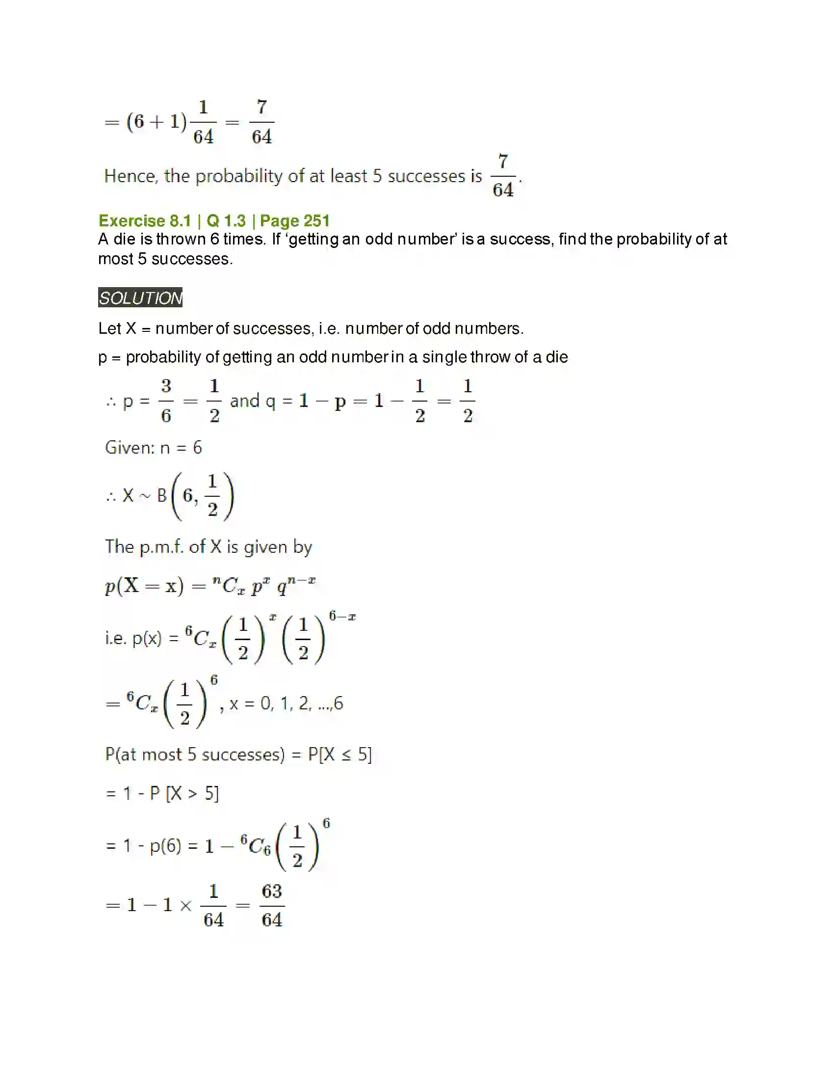 Maharashtra Board Class 12th Mathematics & Statistics-2 (Arts & Science) Binomial Distribution Solution 3