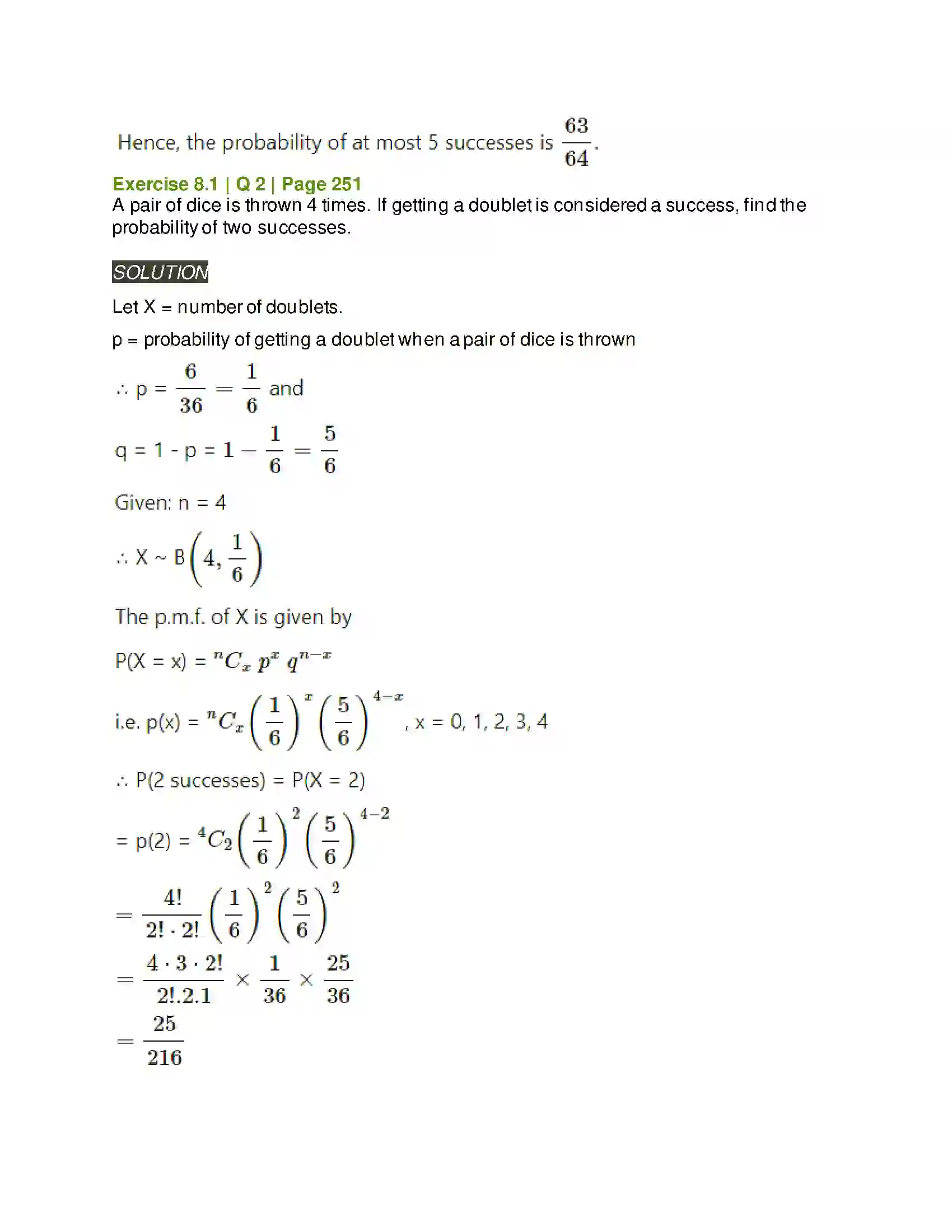 Maharashtra Board Class 12th Mathematics & Statistics-2 (Arts & Science) Binomial Distribution Solution 4