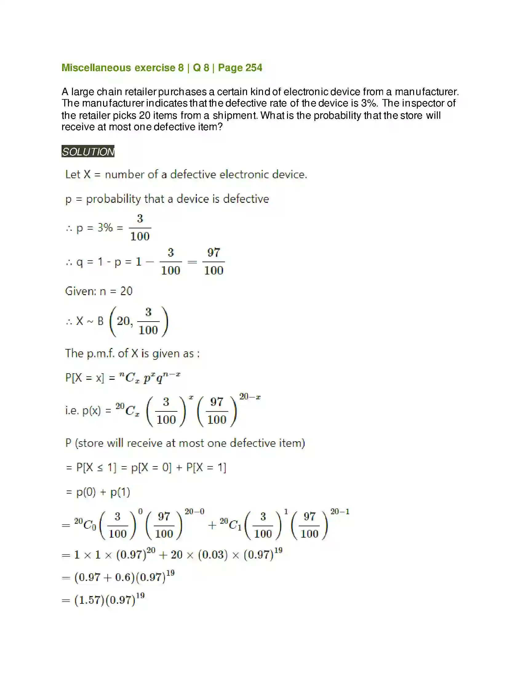 Maharashtra Board Class 12th Mathematics & Statistics-2 (Arts & Science) Binomial Distribution Solution 40