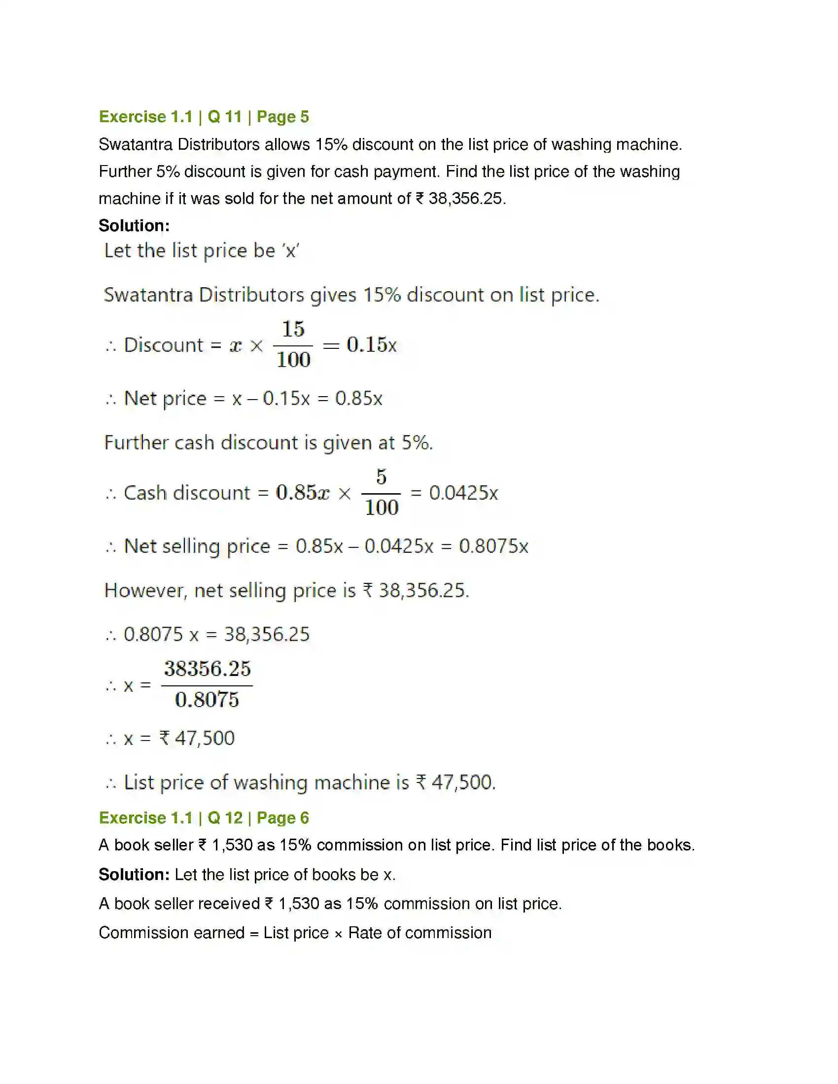Maharashtra Board Class 12th Mathematics & Statistics-2 (Commerce) Commission, Brokerage and Discount Solution 10