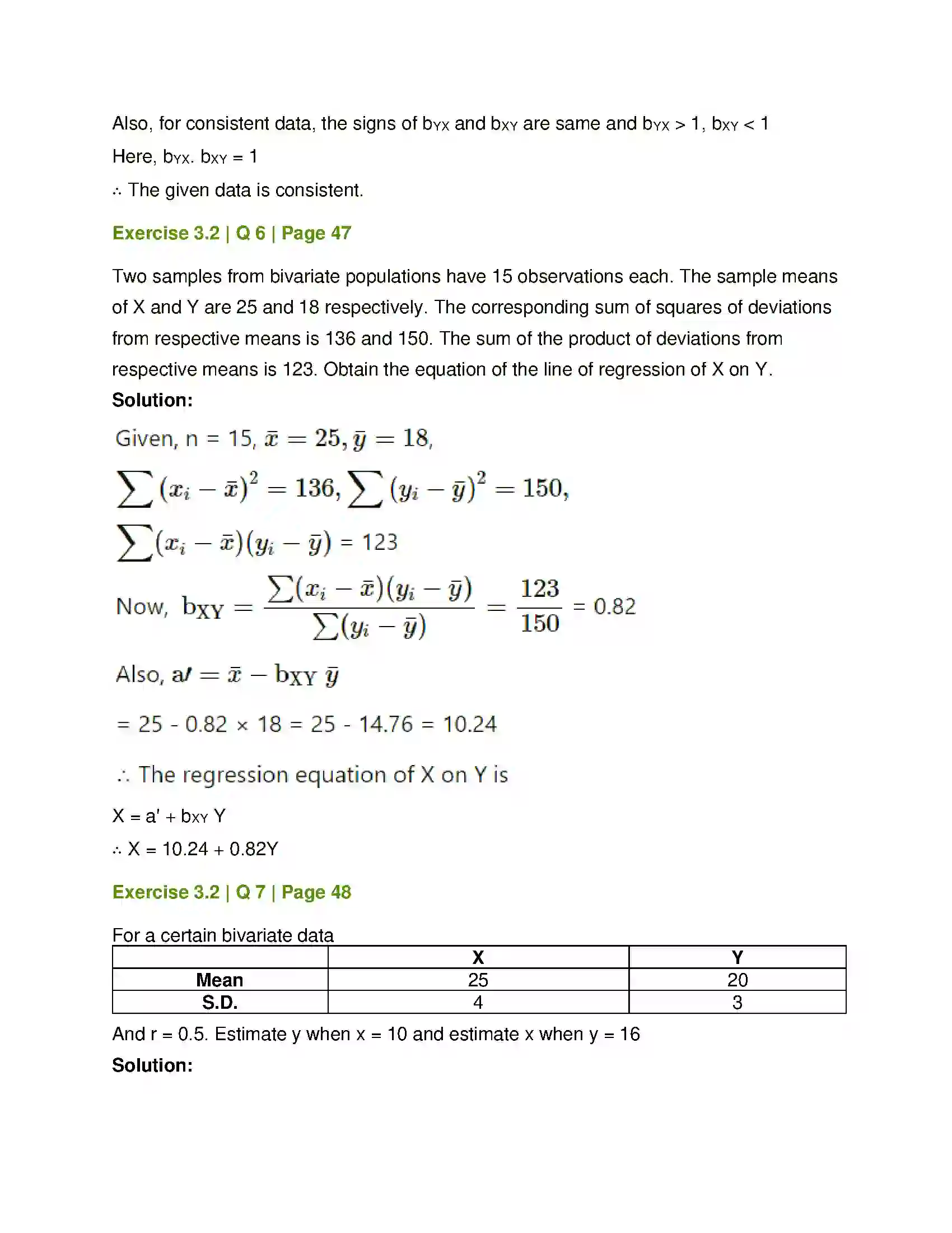 Maharashtra Board Class 12th Mathematics & Statistics-2 (Commerce) Linear Regression Solution 31
