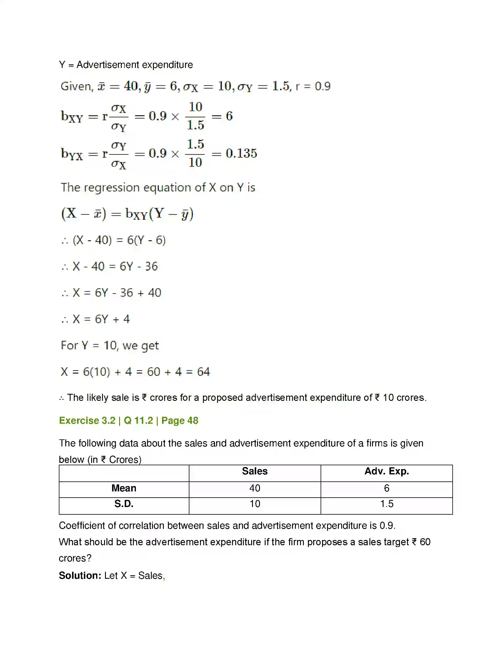 Maharashtra Board Class 12th Mathematics & Statistics-2 (Commerce) Linear Regression Solution 37