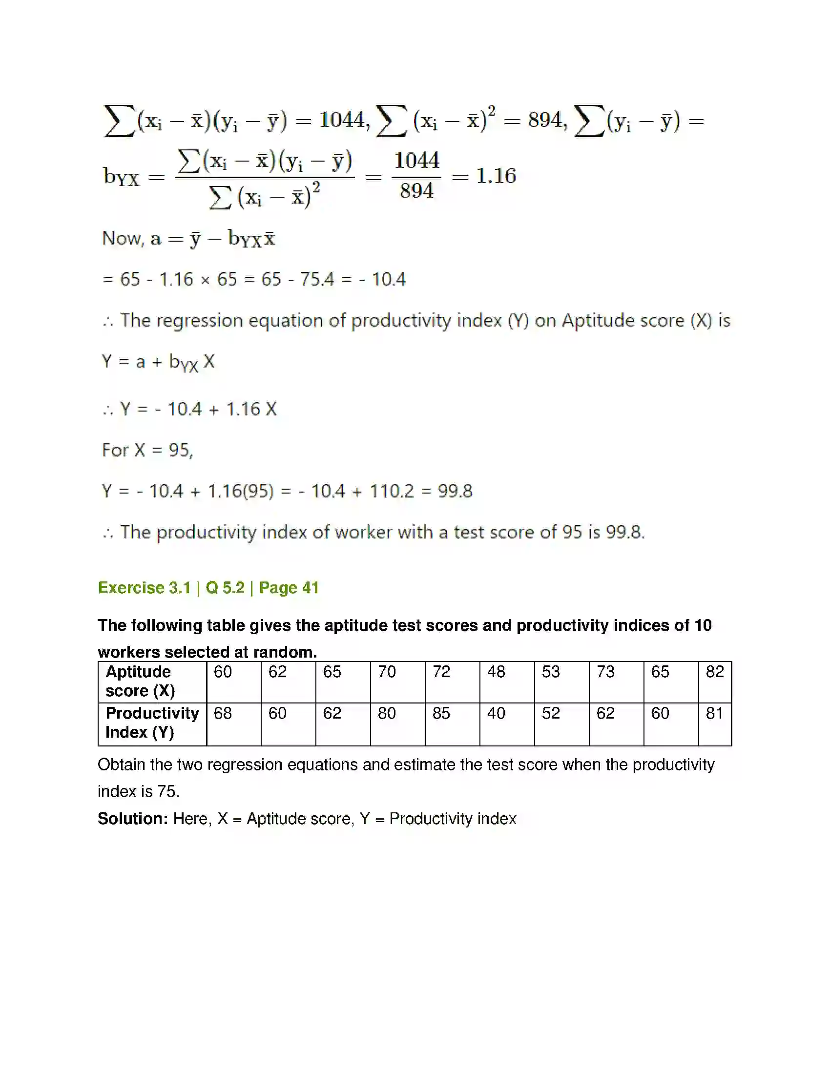 Maharashtra Board Class 12th Mathematics & Statistics-2 (Commerce) Linear Regression Solution 9