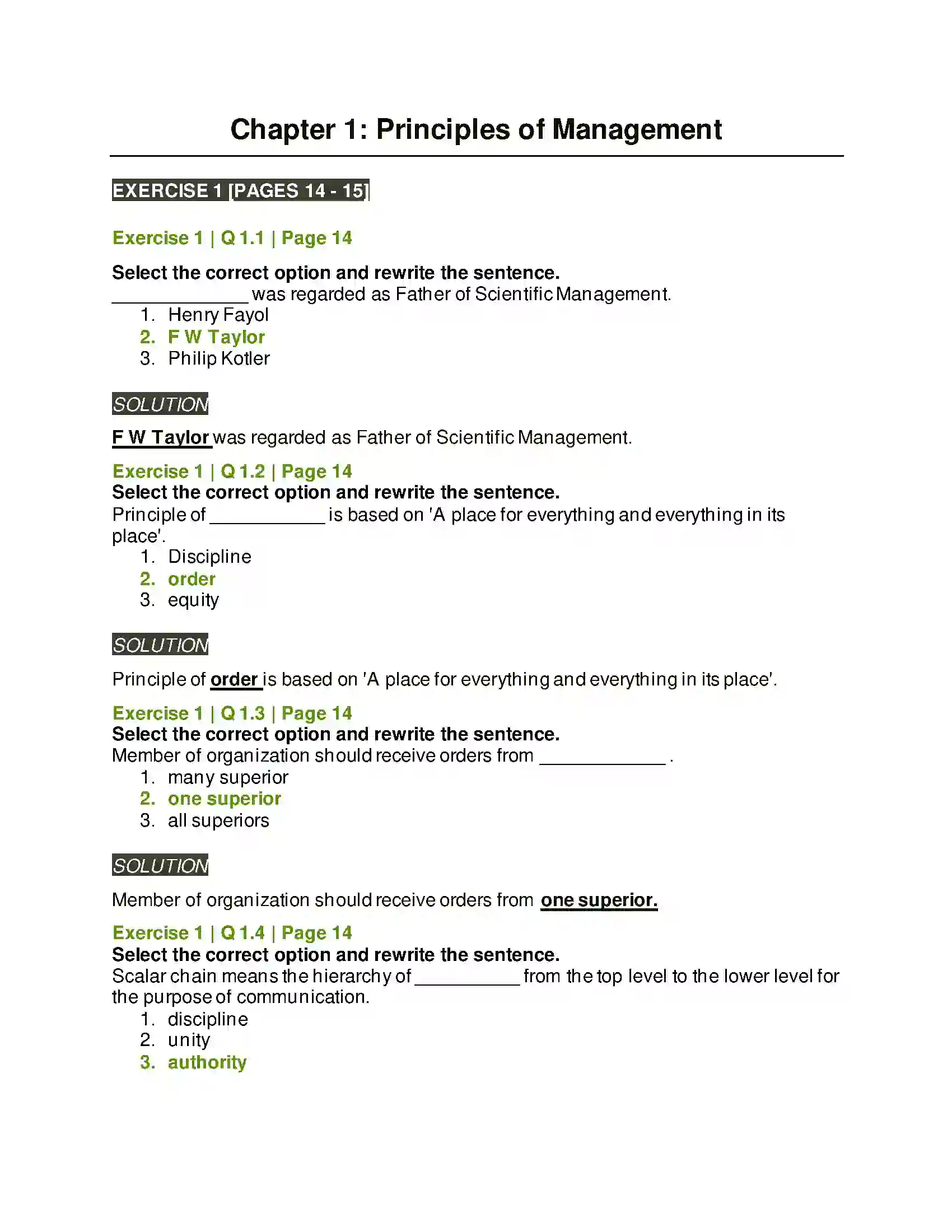 Maharashtra Board Class 12th Organisation of Commerce & Management Principles of Management Solution 1