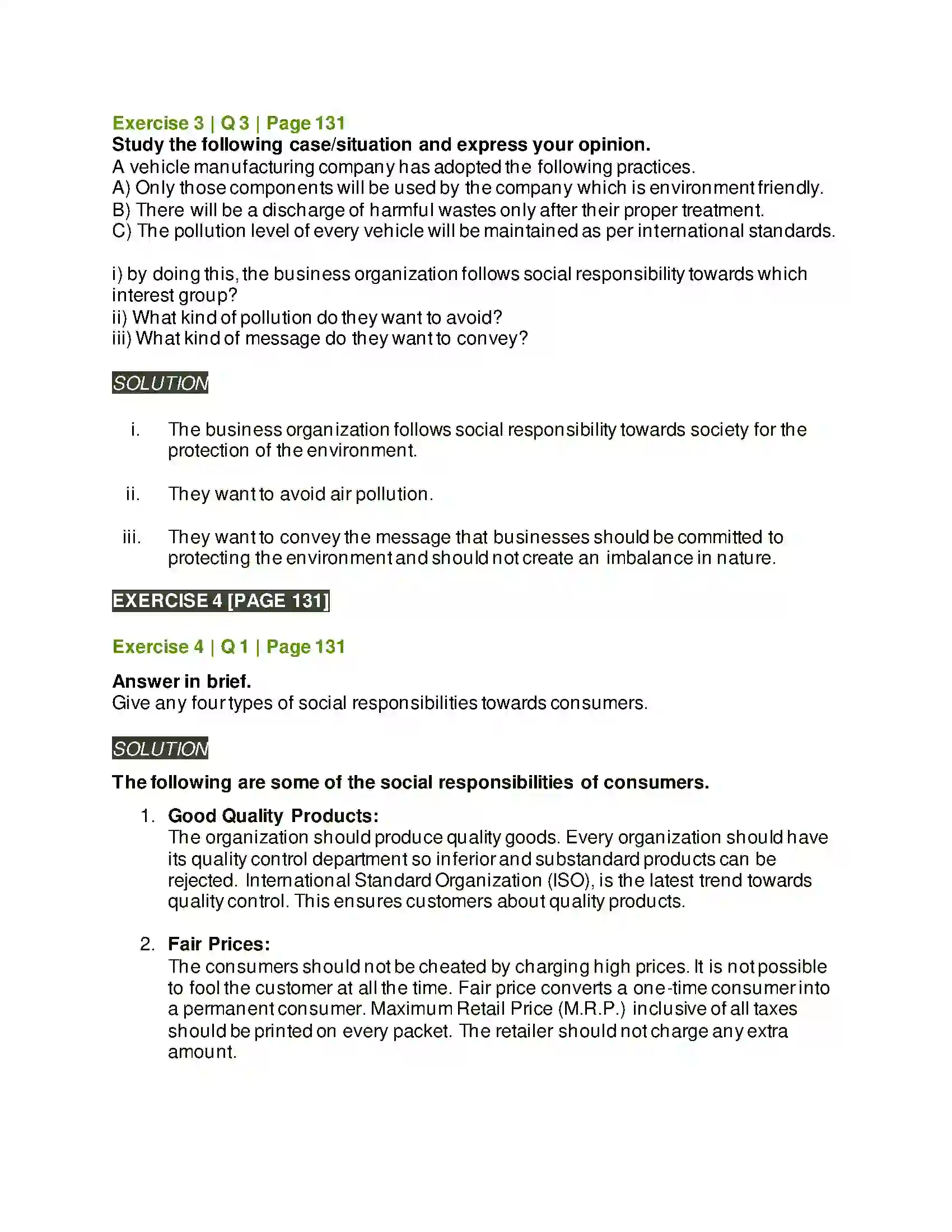 Maharashtra Board Class 12th Organisation of Commerce & Management Social Responsibilities of Business Solution 15
