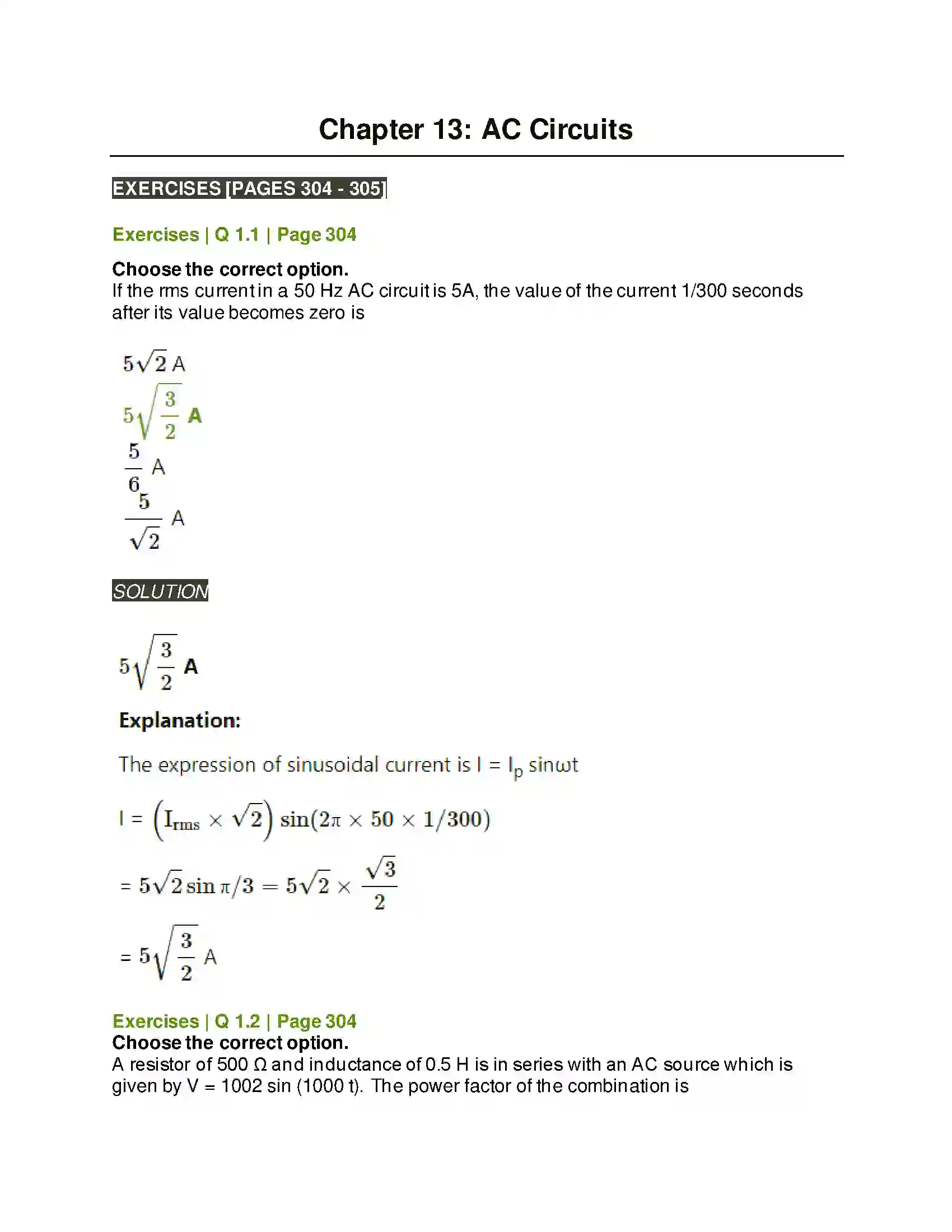 Maharashtra Board Class 12th Physics AC Circuits Solution 1