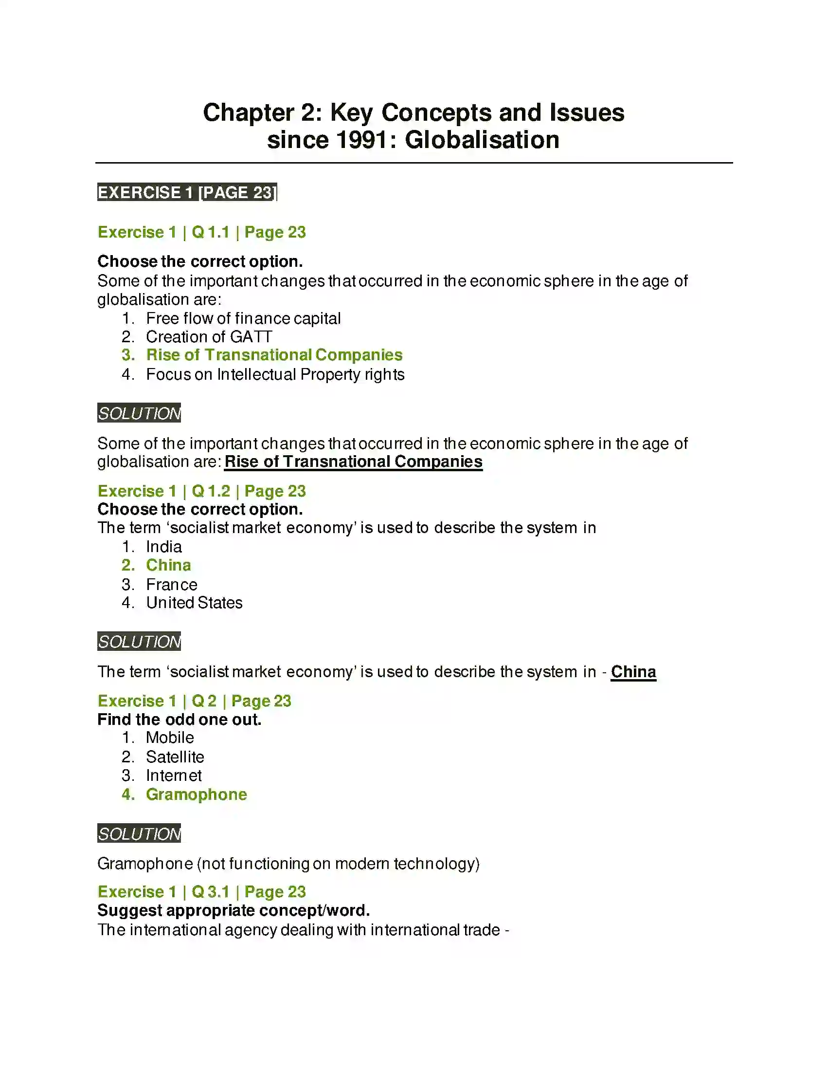 Maharashtra Board Class 12th Political Science Key Concepts and Issues Since 1991 Globalisation Solution 1