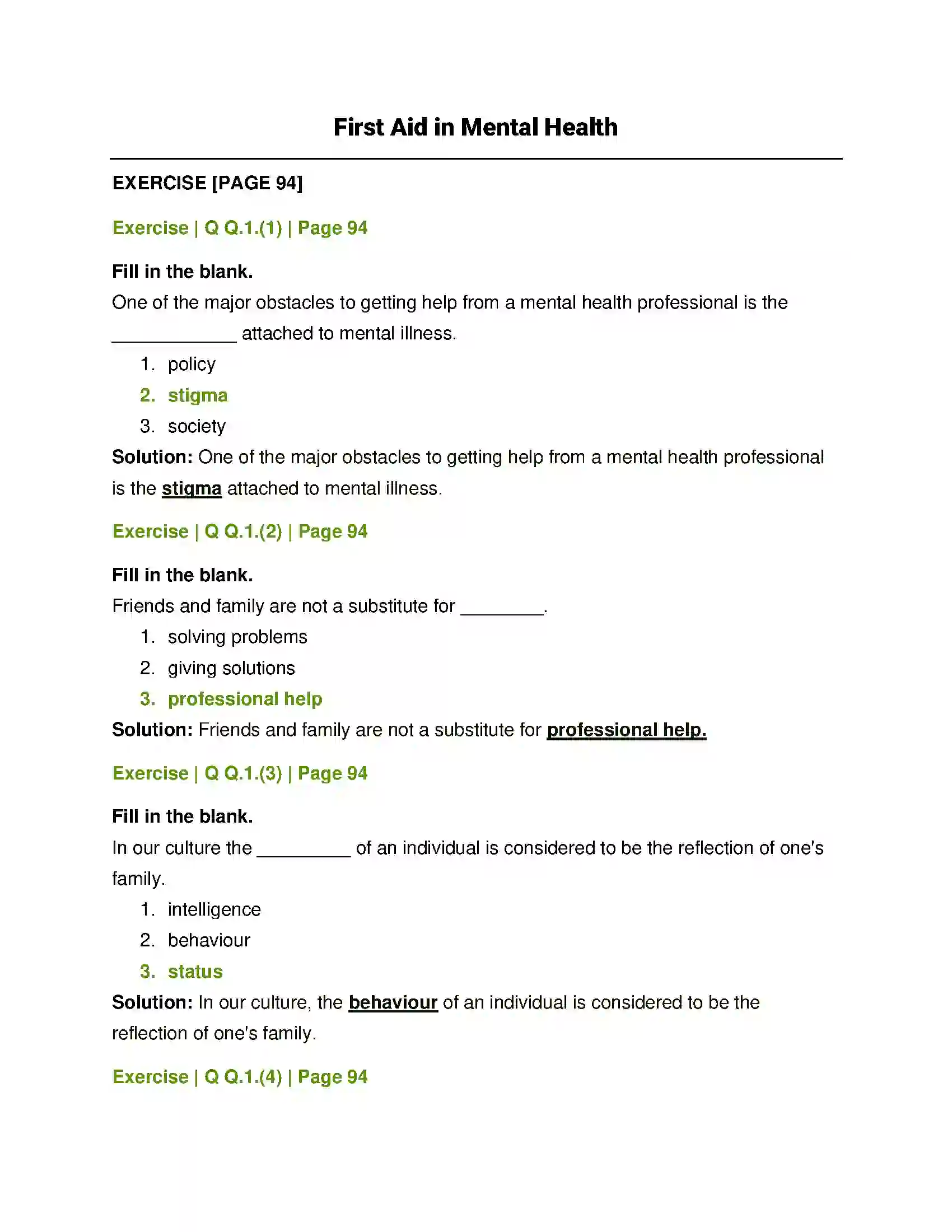 Maharashtra Board Class 12th Psychology First Aid in Mental Health Solution 1