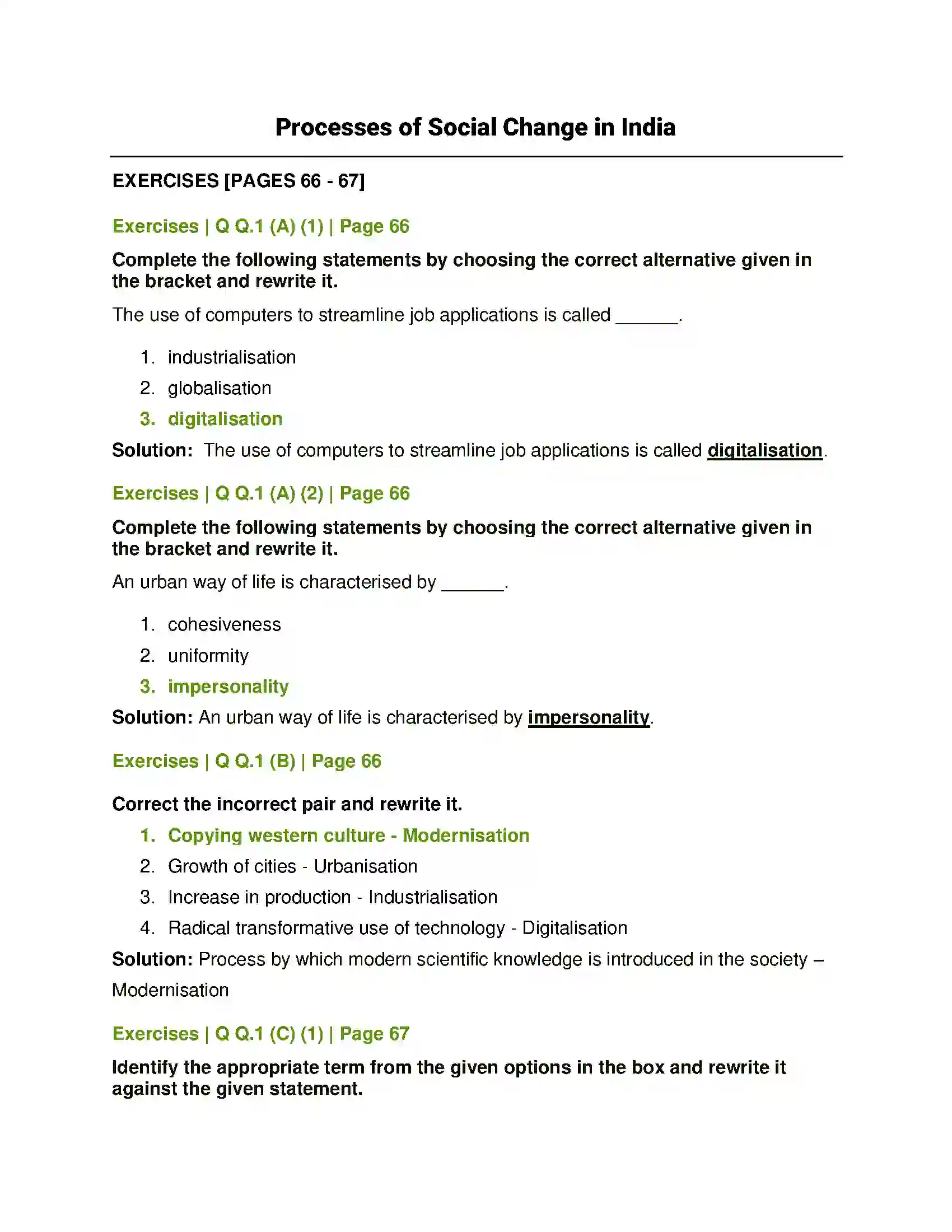 Maharashtra Board Class 12th Sociology - Understanding Indian Society Processes of Social Change in India Solution 1