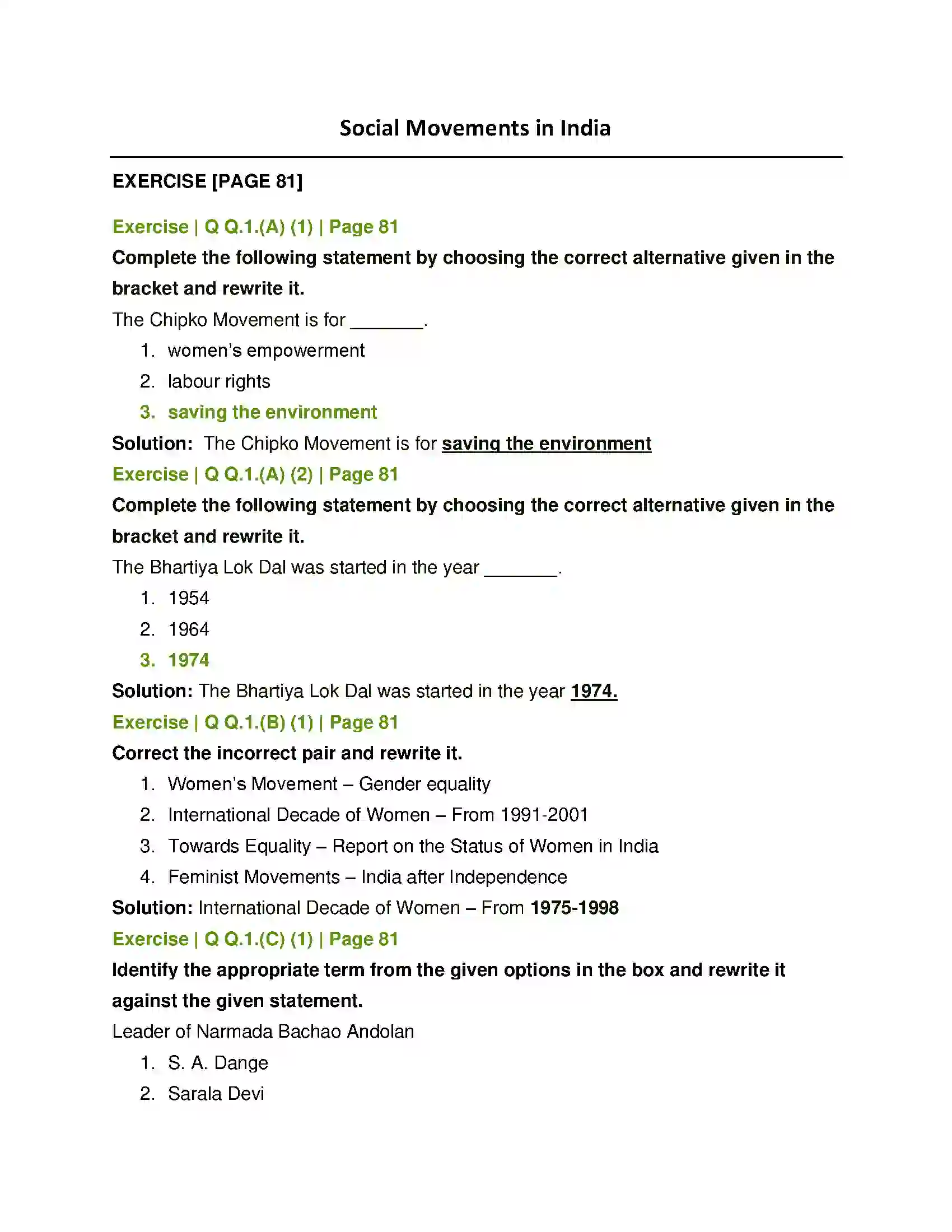 Maharashtra Board Class 12th Sociology - Understanding Indian Society Social Movements in India Solution 1