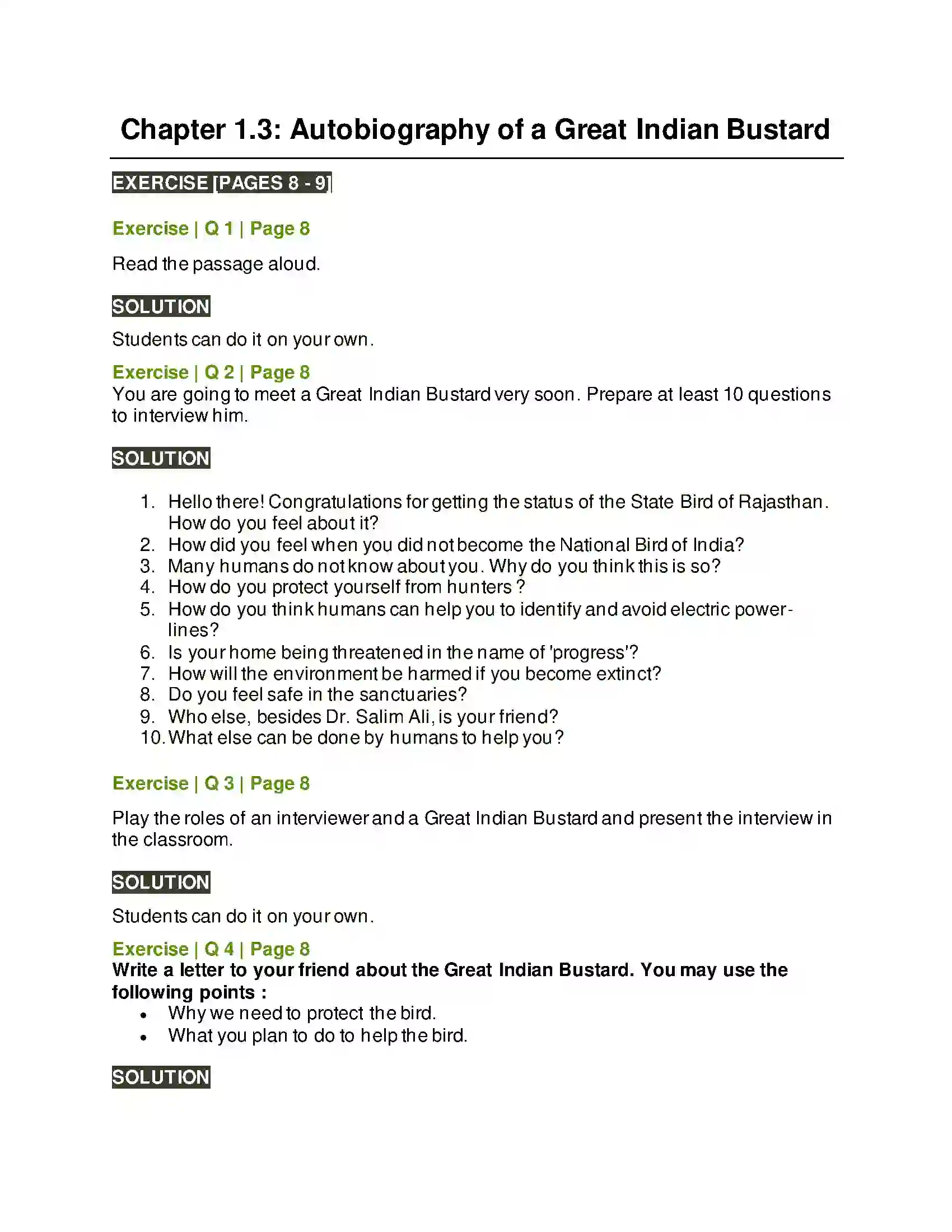 Maharashtra Board Class 6th English 1.3 Autobiography of a Great Indian Bustard Solution 1