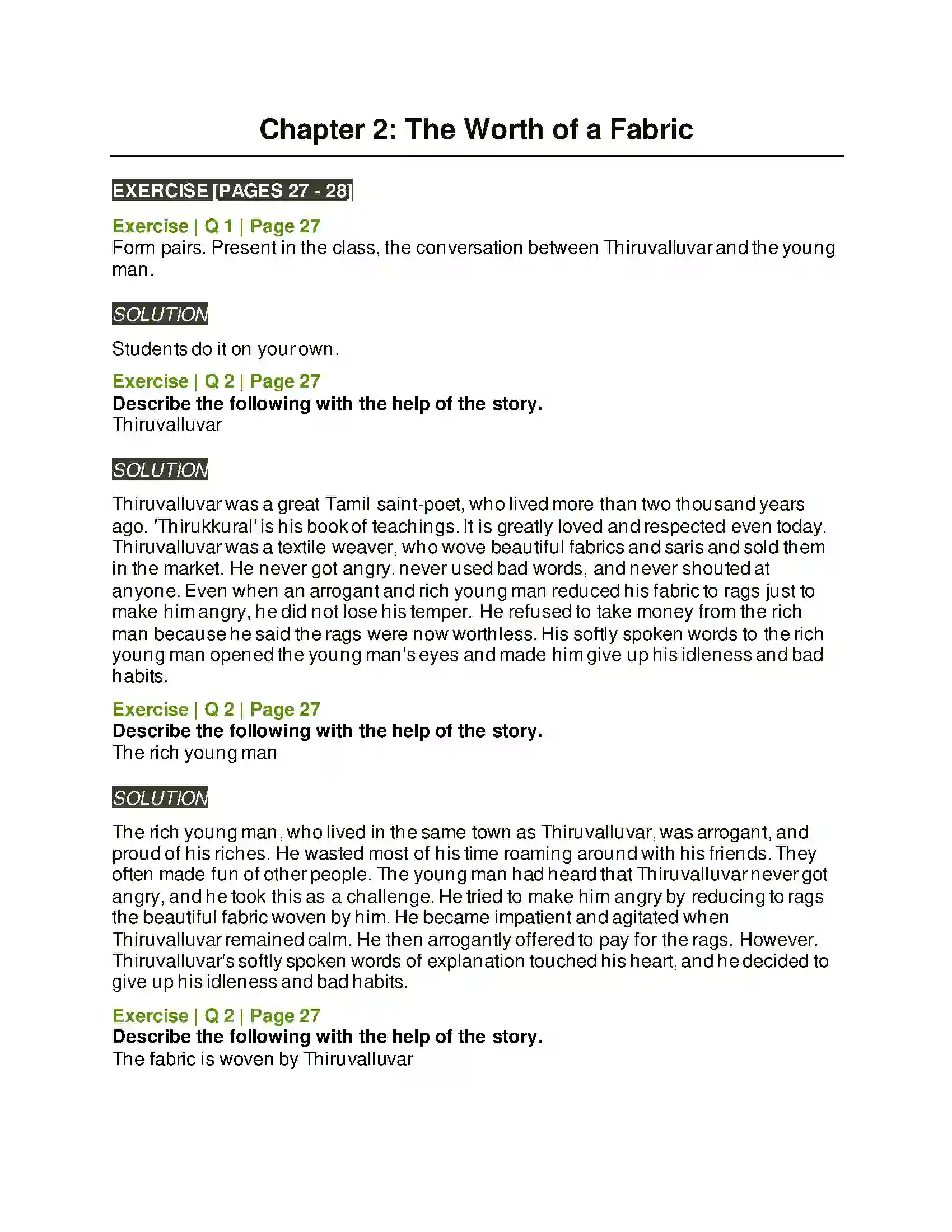 Maharashtra Board Class 6th English 2.2 The Worth of a Fabric Solution 1