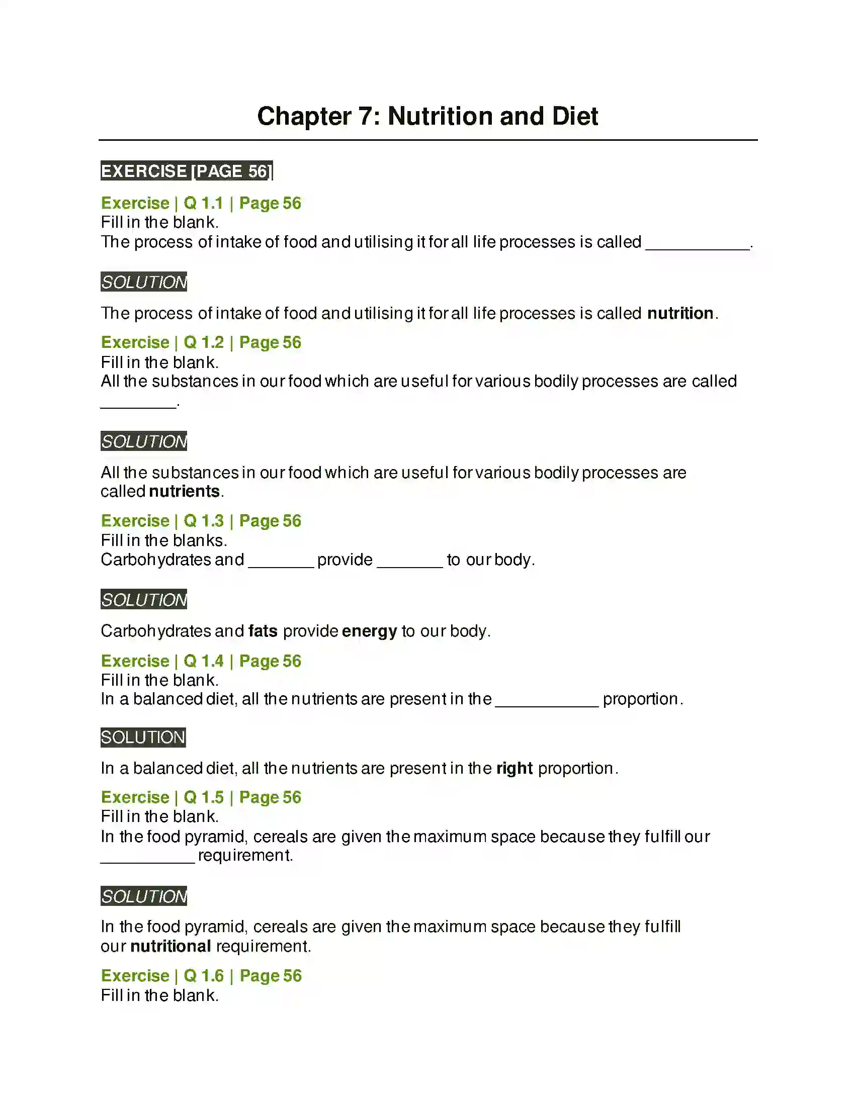 Maharashtra Board Class 6th General Science Nutrition and Diet Solution 1