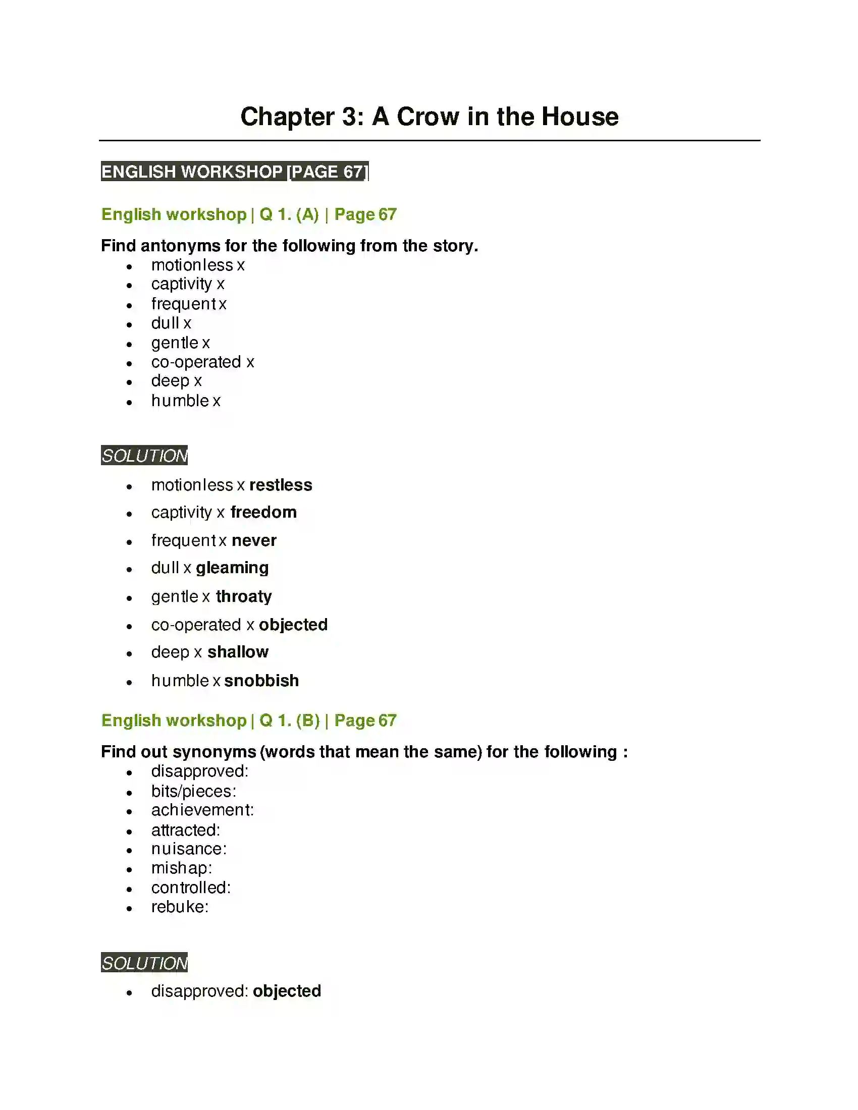 Maharashtra Board Class 7th English A Crow in the House Solution 1