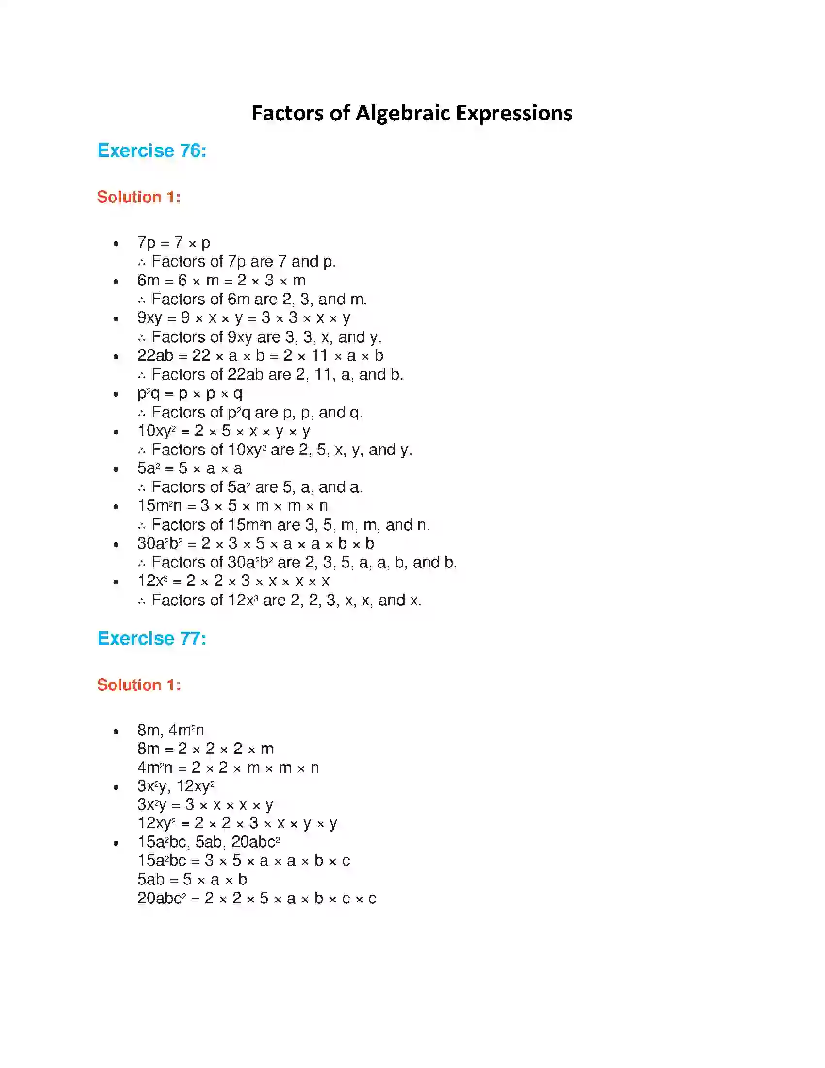Maharashtra Board Class 7th Mathematics Factors of Algebraic Expressions Solution 1