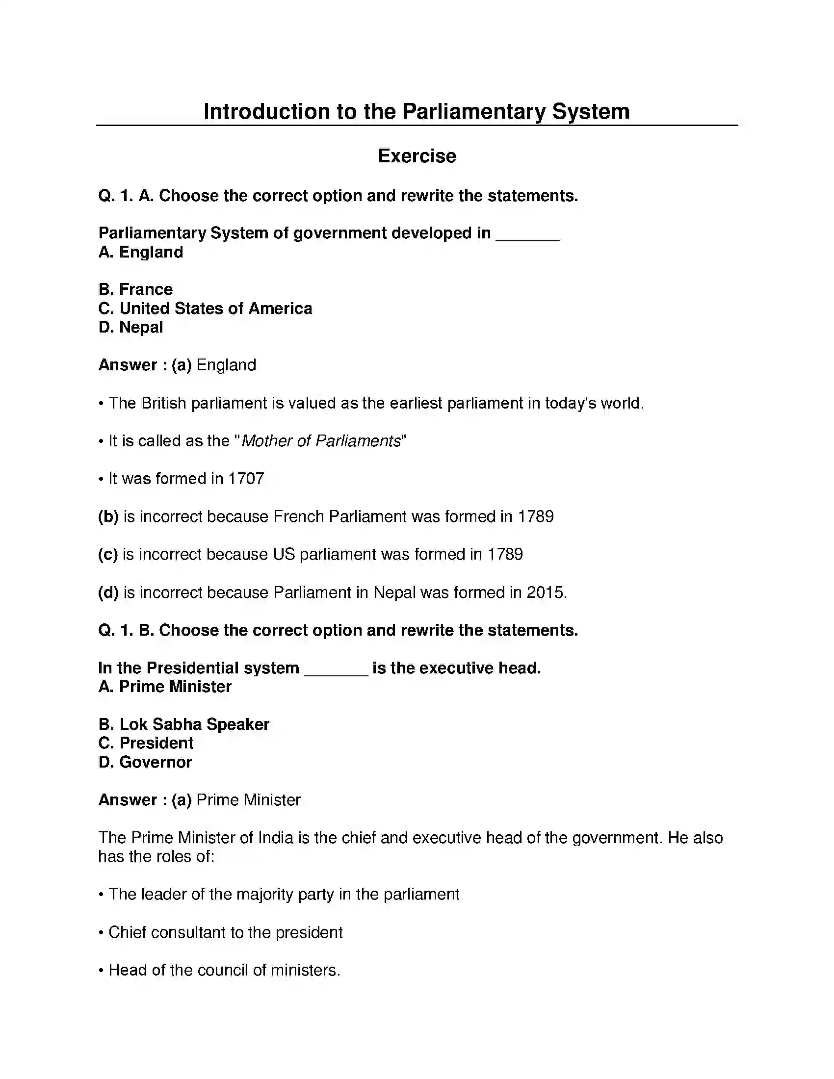 Maharashtra Board Class 8th Civics - English Medium Introduction to the Parliamentary System Solution 1