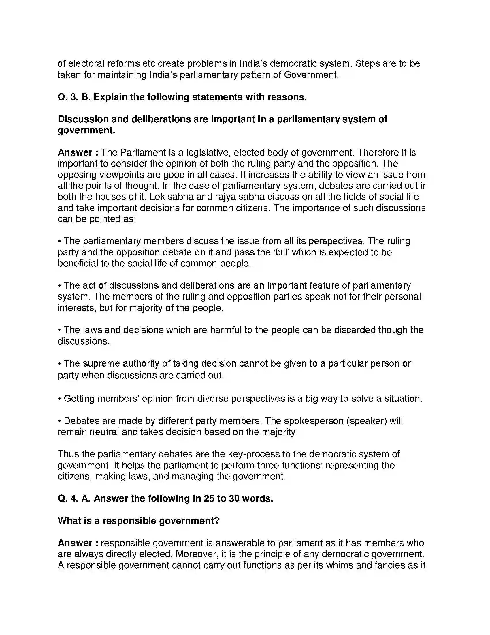 Maharashtra Board Class 8th Civics - English Medium Introduction to the Parliamentary System Solution 4