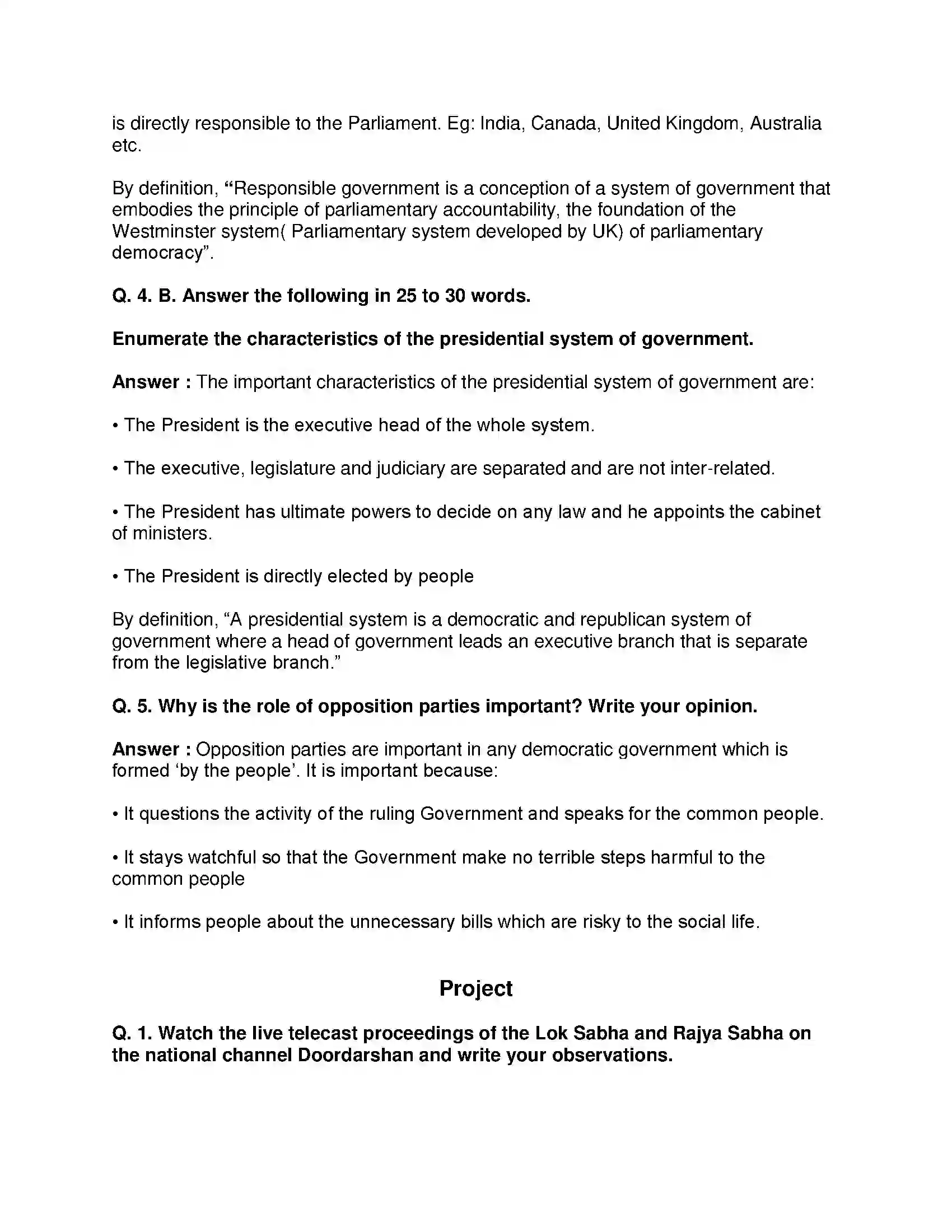 Maharashtra Board Class 8th Civics - English Medium Introduction to the Parliamentary System Solution 5