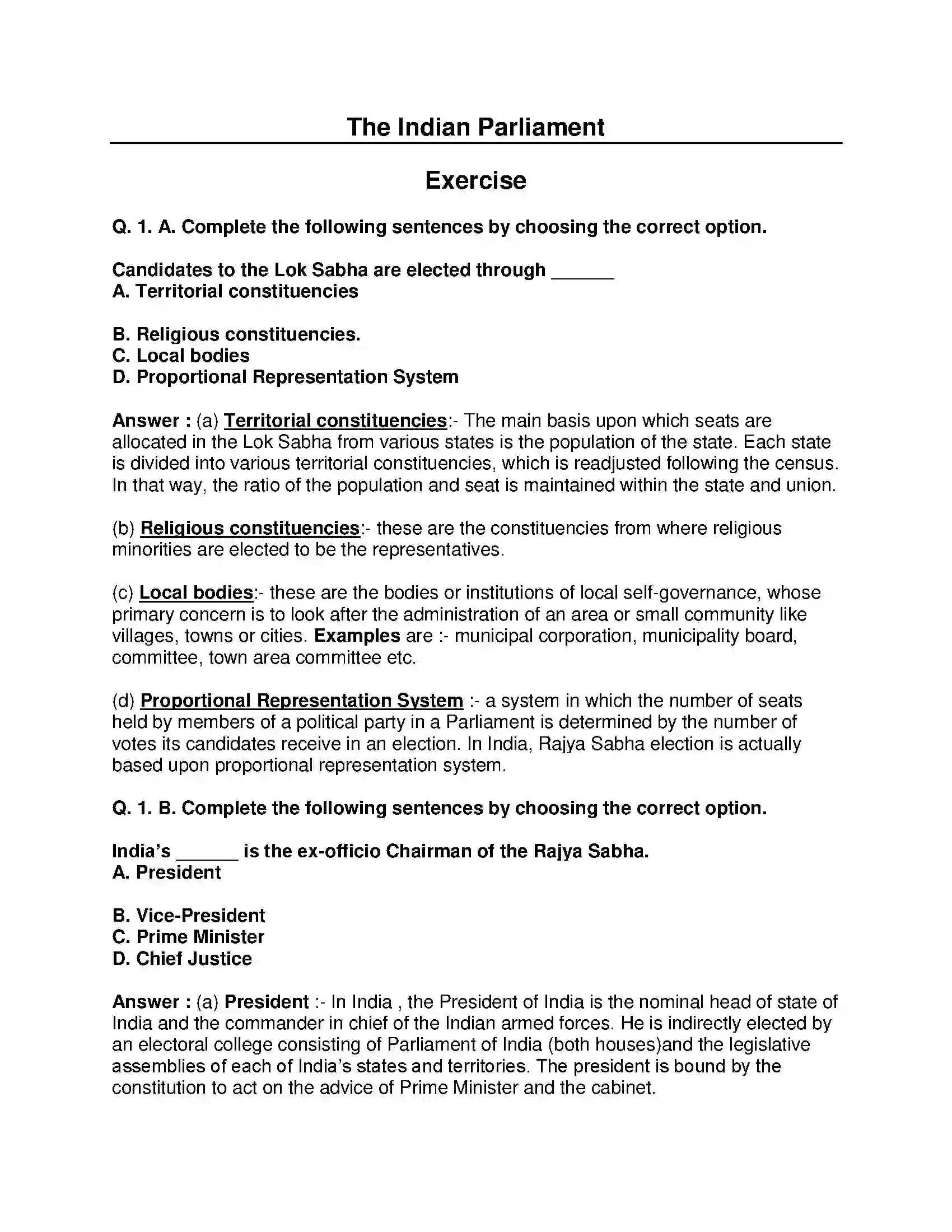 Maharashtra Board Class 8th Civics - English Medium The Indian Parliament Solution 1