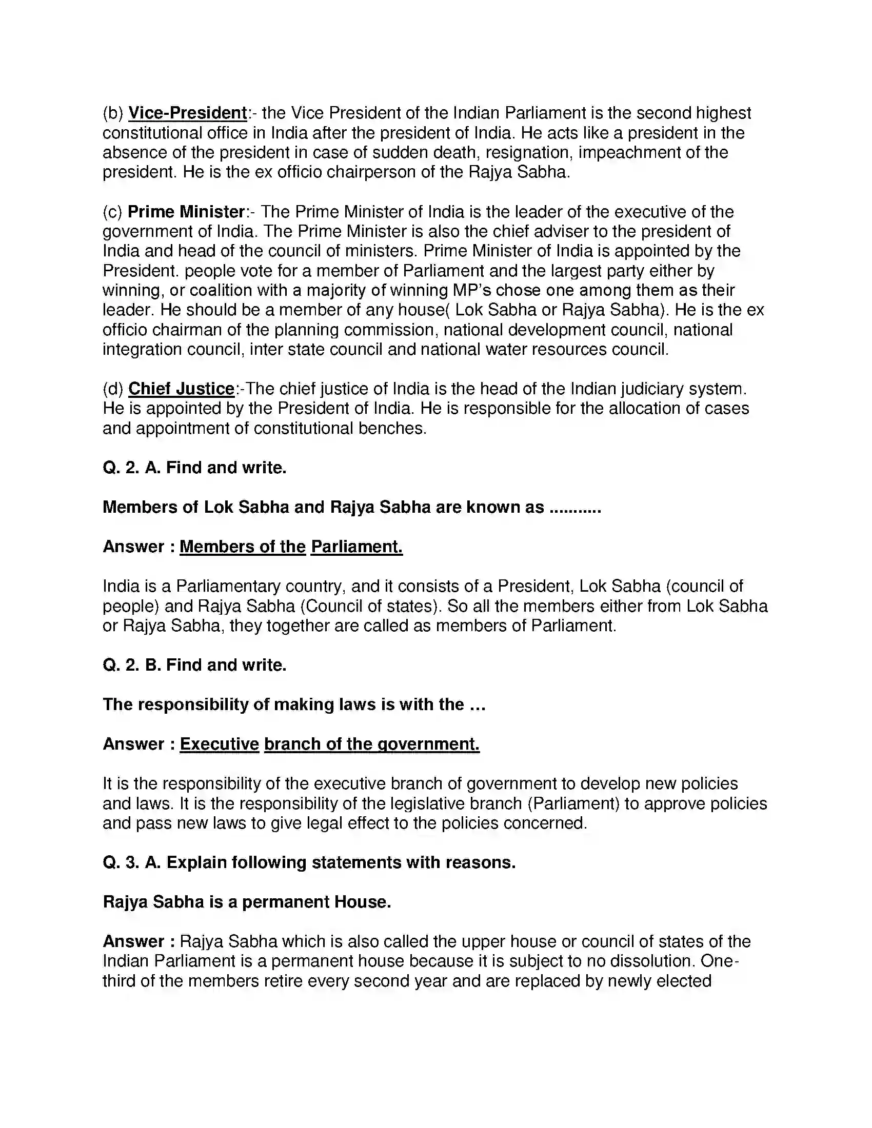 Maharashtra Board Class 8th Civics - English Medium The Indian Parliament Solution 2