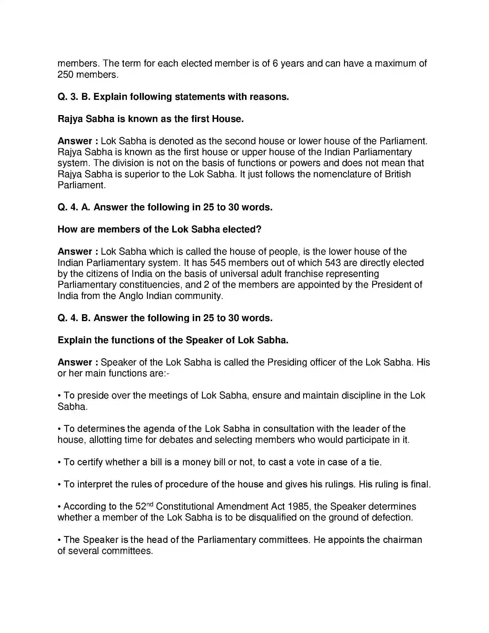 Maharashtra Board Class 8th Civics - English Medium The Indian Parliament Solution 3