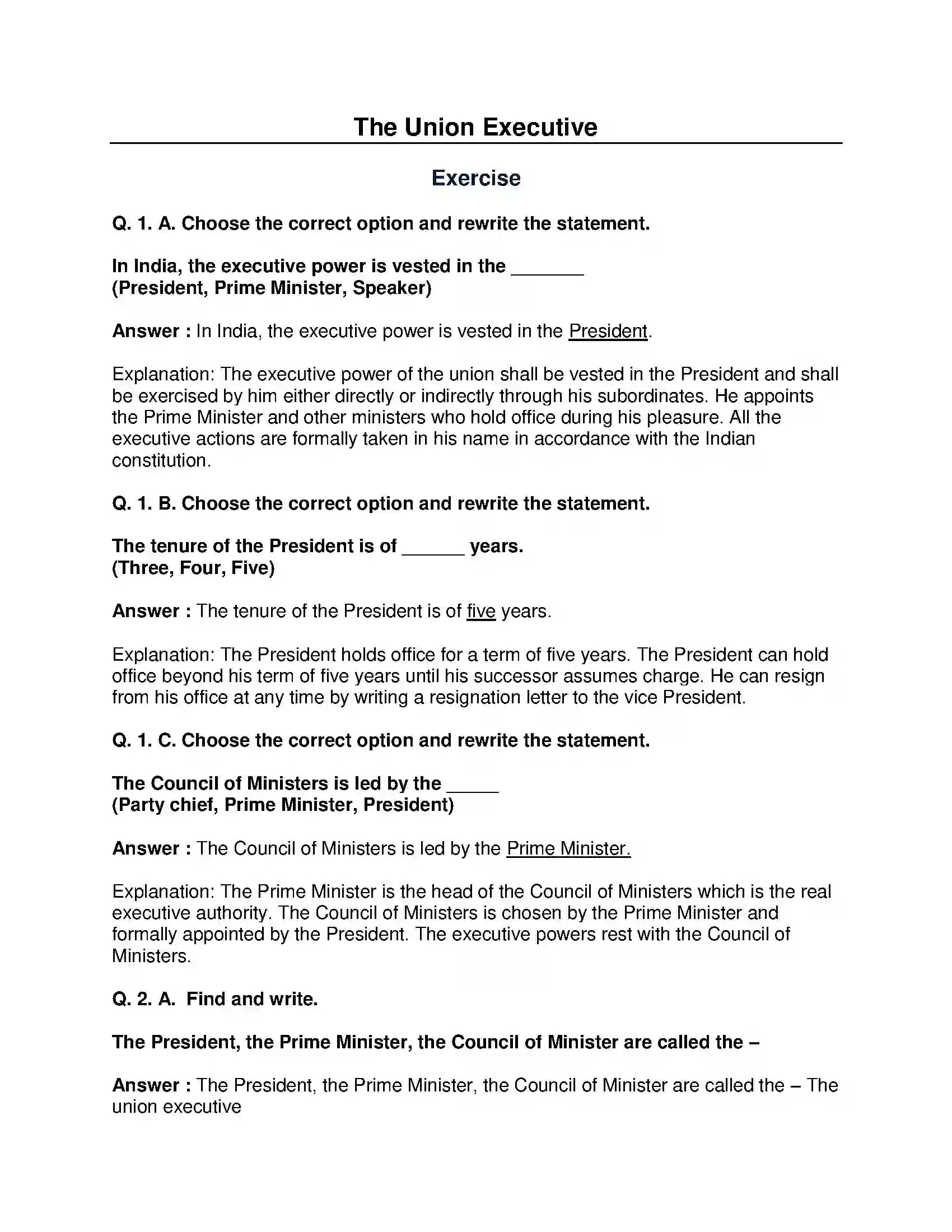 Maharashtra Board Class 8th Civics - English Medium The Union Executive Solution 1