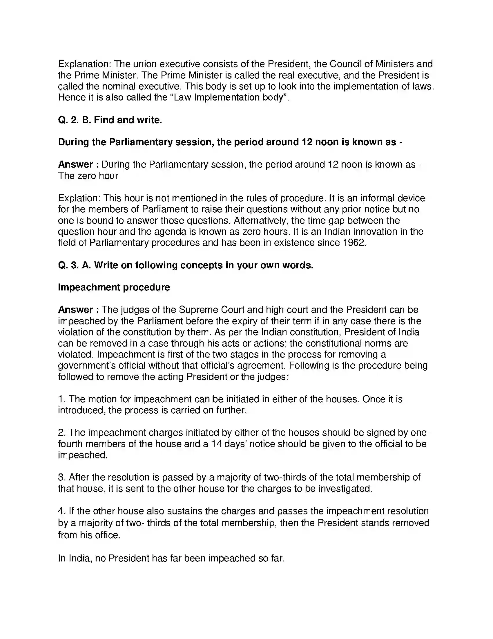 Maharashtra Board Class 8th Civics - English Medium The Union Executive Solution 2