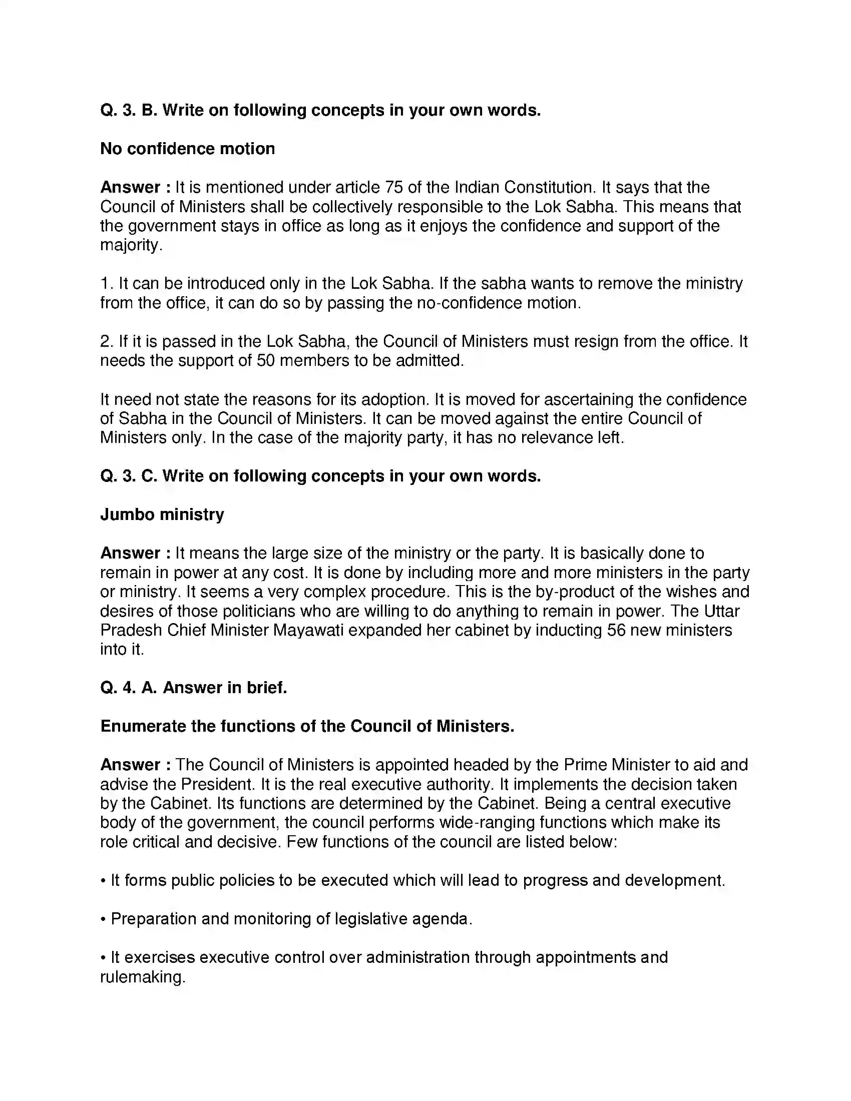 Maharashtra Board Class 8th Civics - English Medium The Union Executive Solution 3
