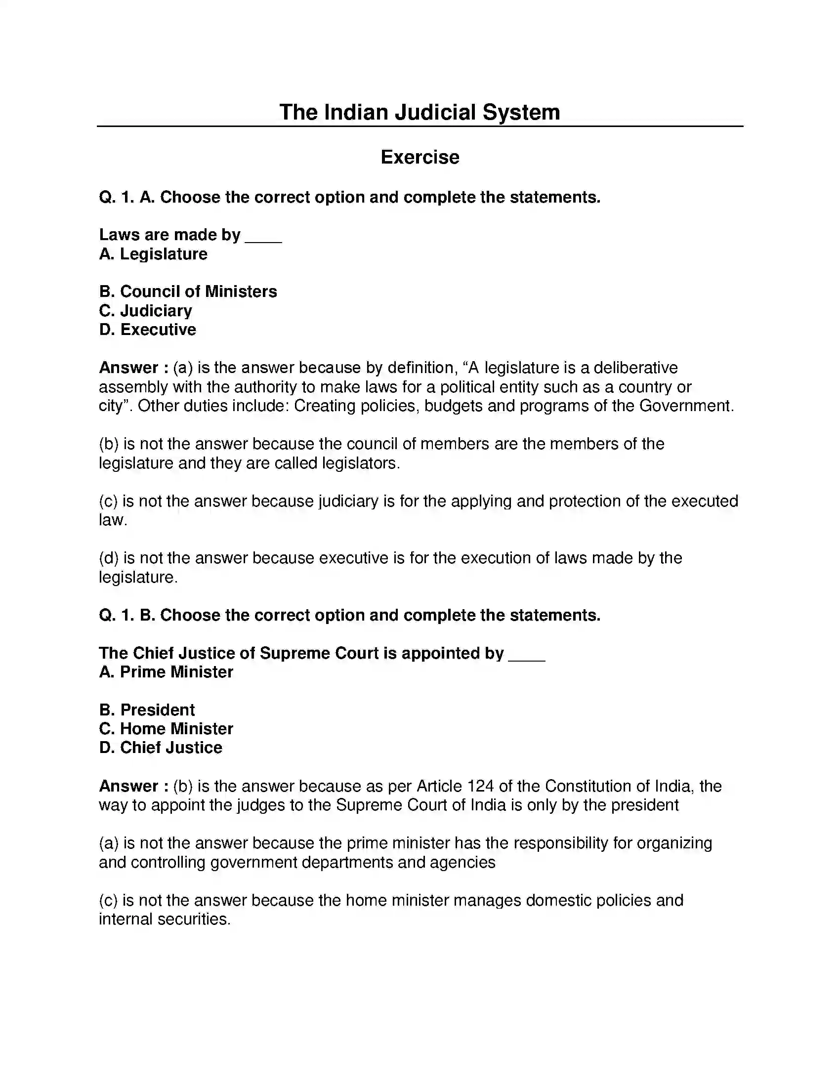 Maharashtra Board Class 8th Civics - English Medium The Indian Judicial System Solution 1