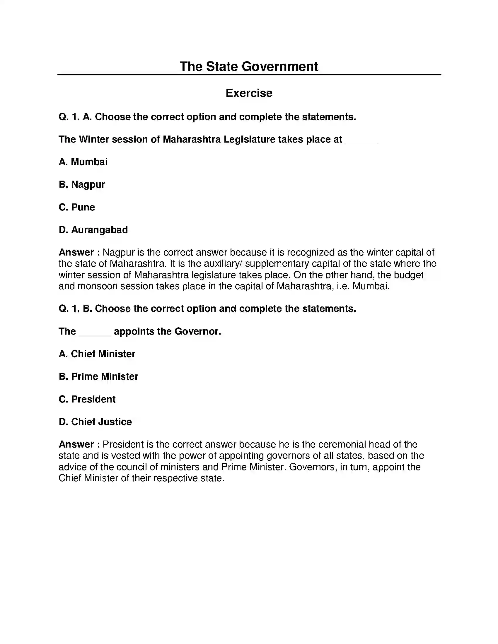 Maharashtra Board Class 8th Civics - English Medium The State Government Solution 1