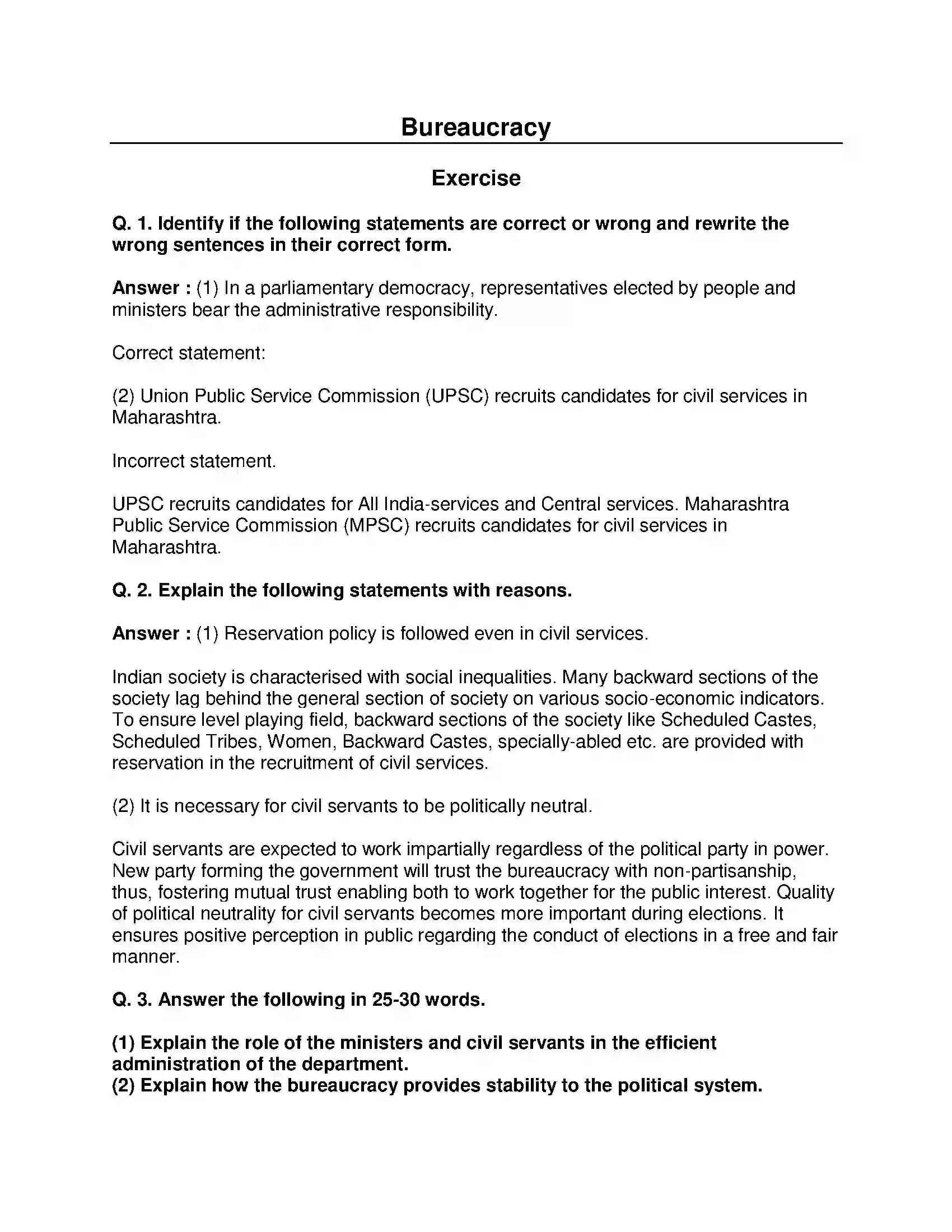 Maharashtra Board Class 8th Civics - English Medium Bureaucracy Solution 1